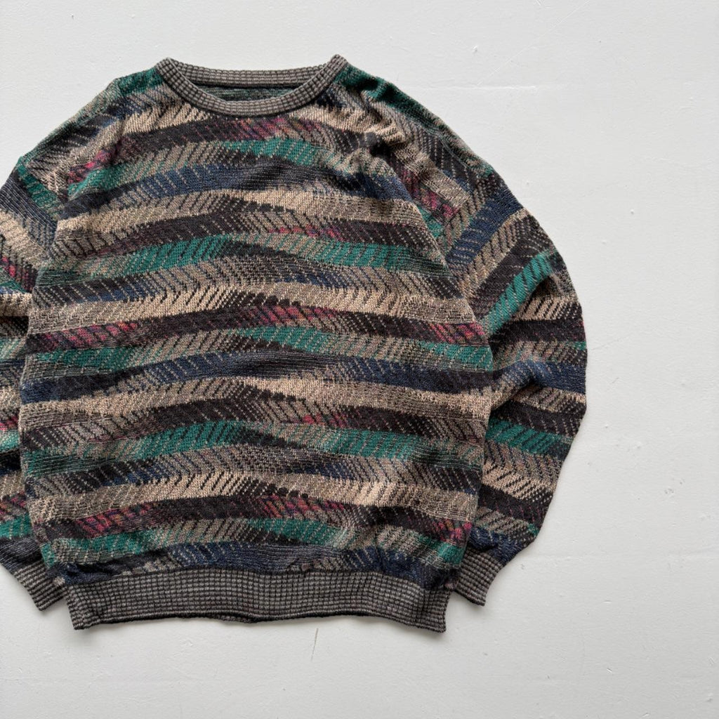 Green Blue Striped Knitted 80s Vintage 3D Knit Jumper - XXL