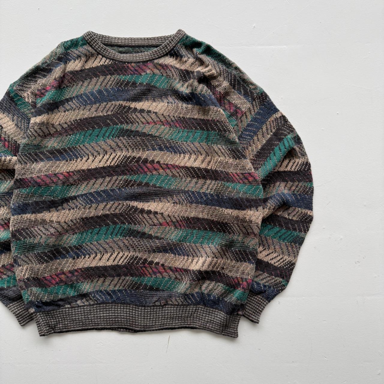 Green Blue Striped Knitted 80s Vintage 3D Knit Jumper - XXL