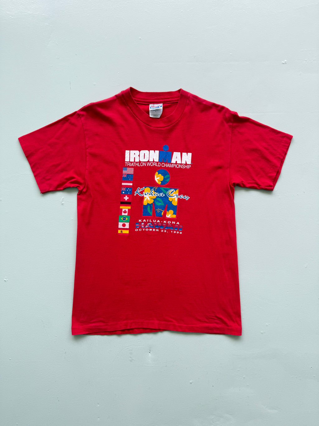 Red Nike Iron Man Hawaii 90's Vintage Graphic Single Stitch T-Shirt - Small
