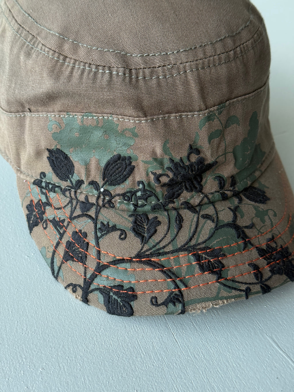 Brown Floral Embroidered Y2K Cadet Cap Military Style 00's Grunge Aesthetic