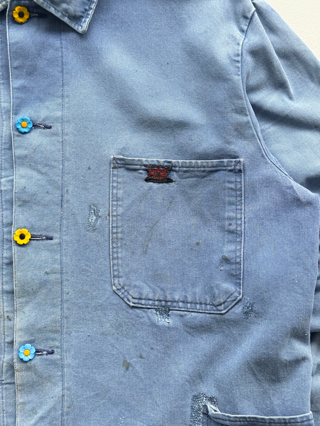 Faded Blue Thrashed French Chore Jacket 80's Vintage Workwear CH219 - Medium