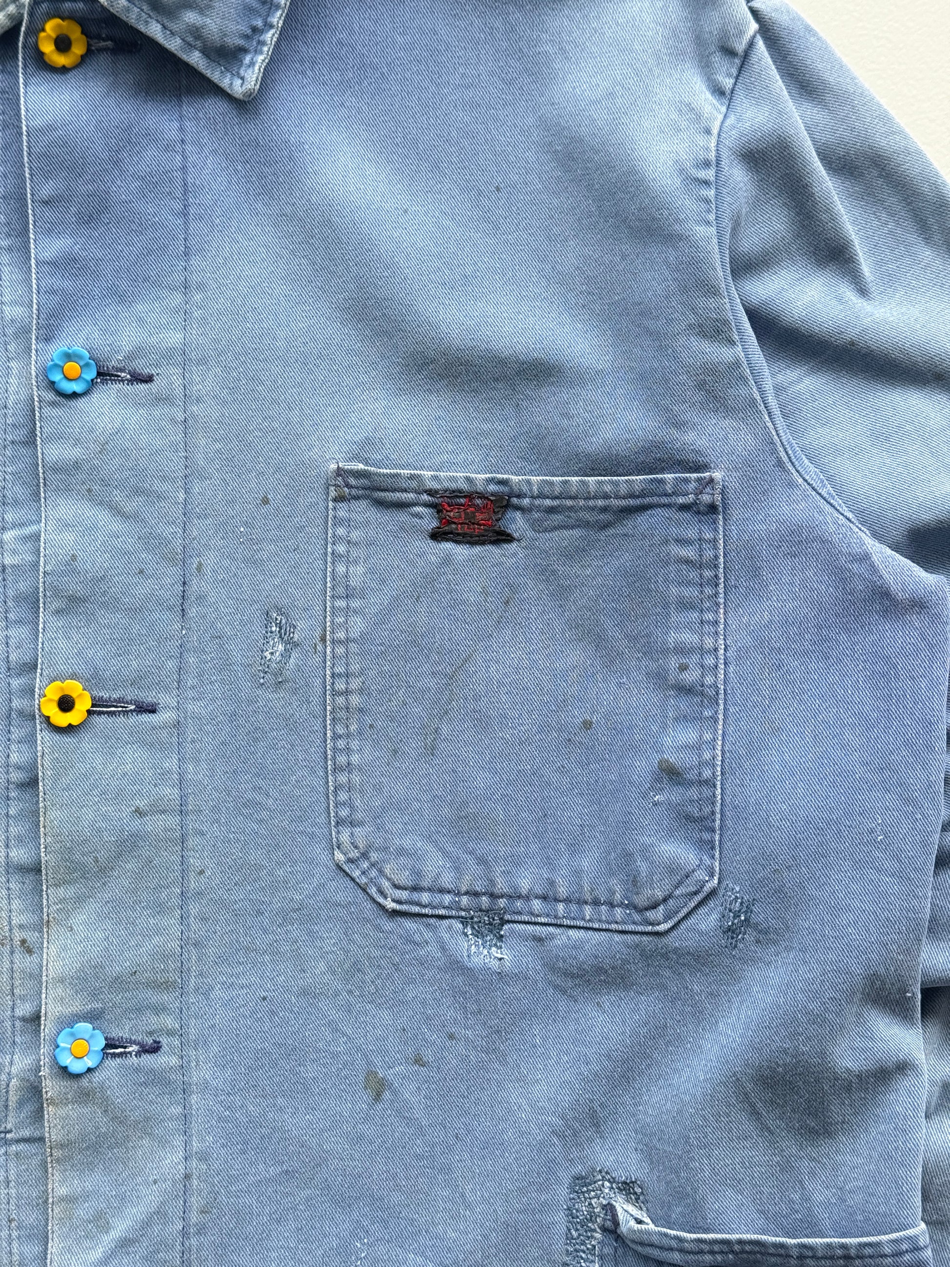Faded Blue Thrashed French Chore Jacket 80's Vintage Workwear CH219 - Medium