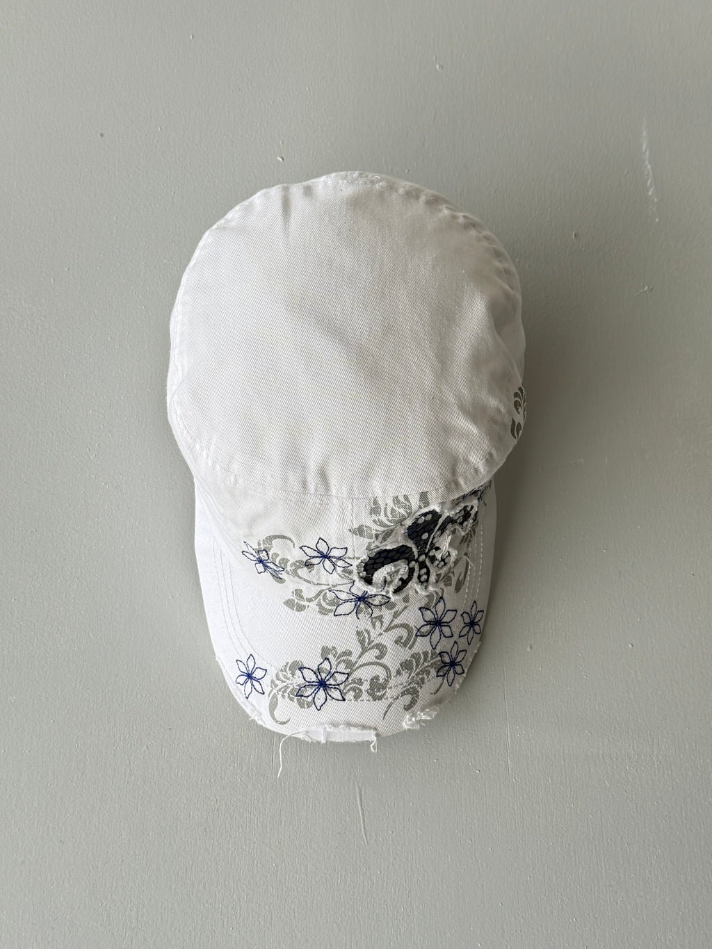 White Floral Y2K Cadet Cap Military Style 00's Grunge Aesthetic