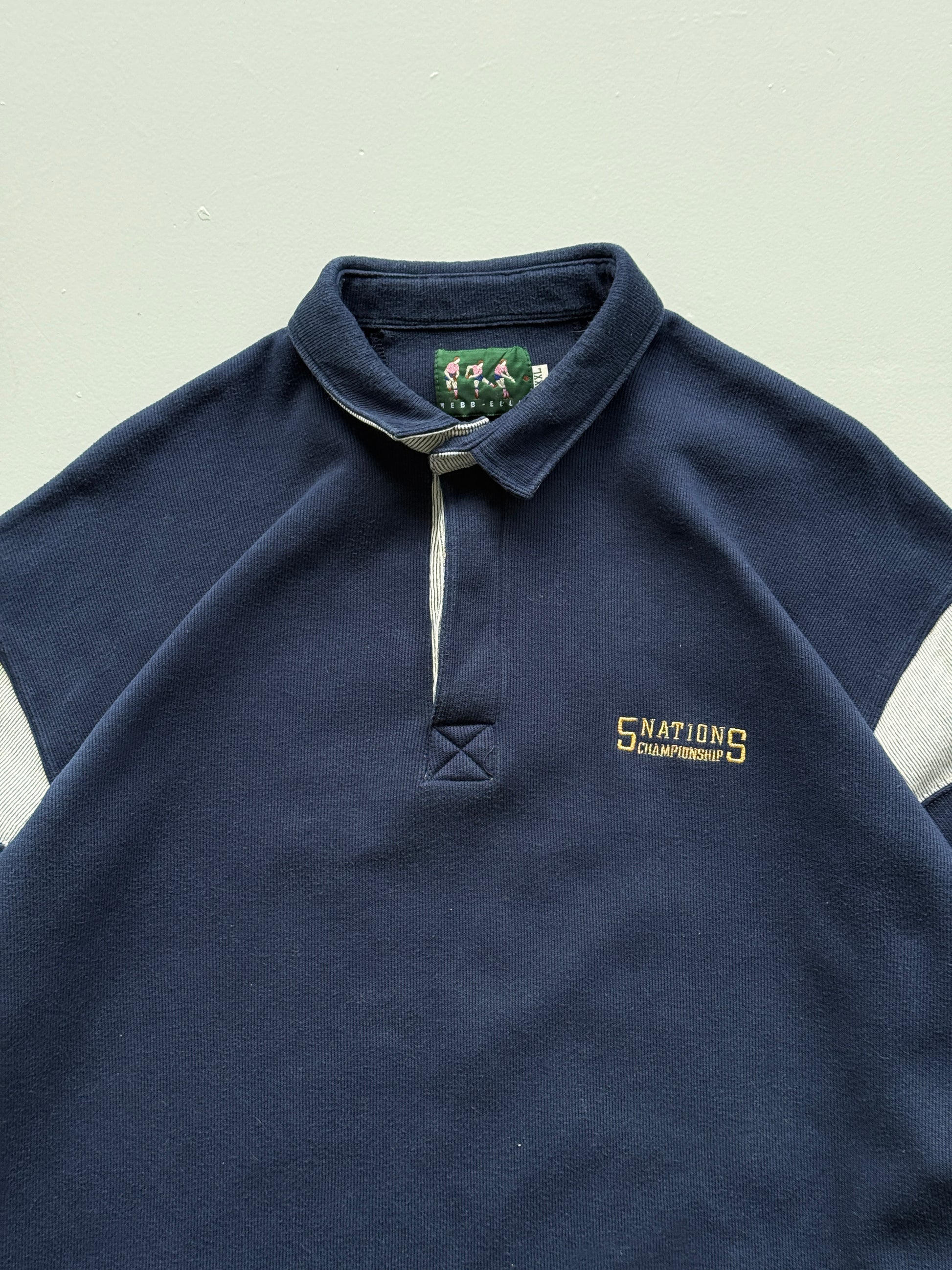 Navy Blue Five Nations 90's Vintage Long Sleeve Rugby Polo Jersey - XL