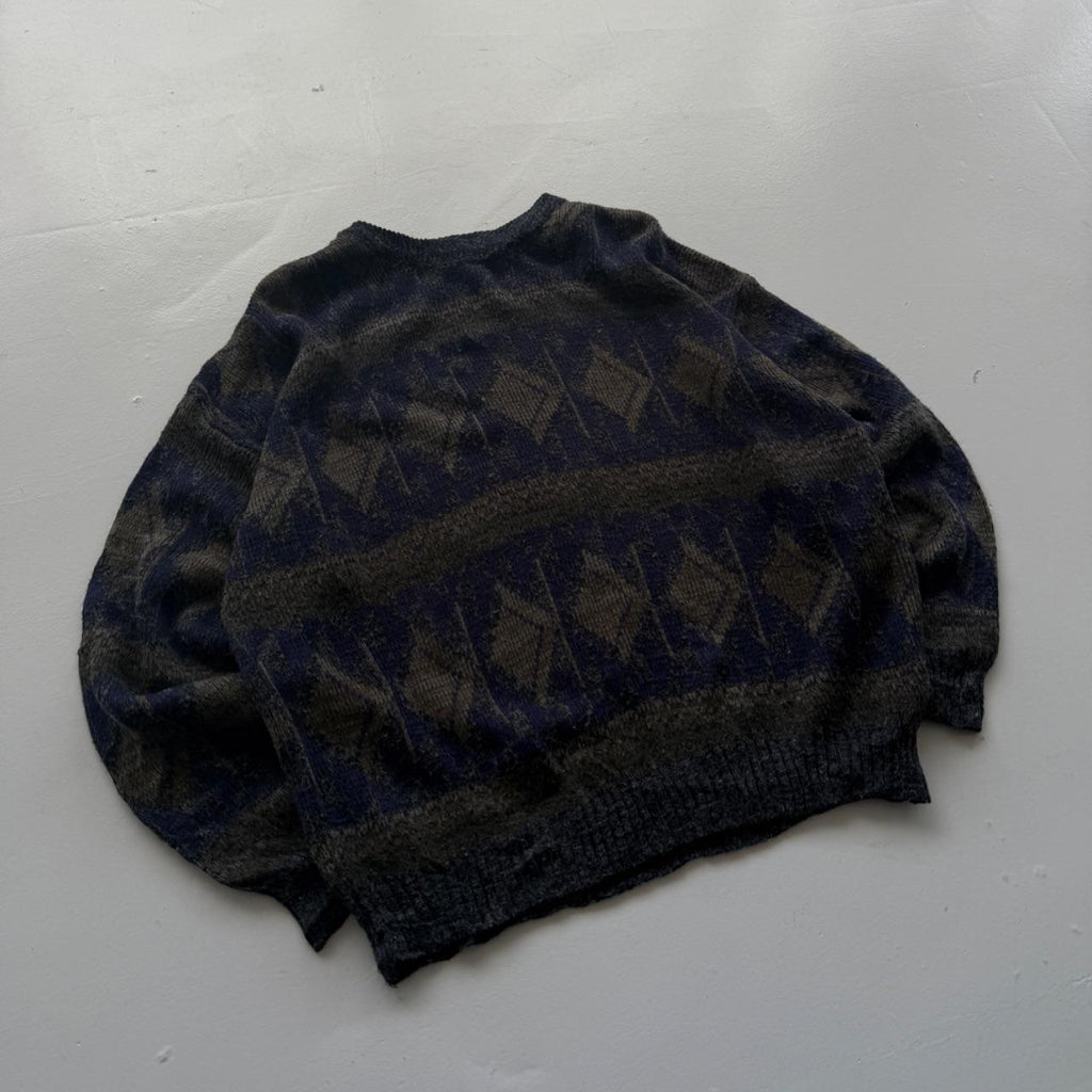 Navy Blue Patterned 90's Vintage Woollen Knit Jumper - XL