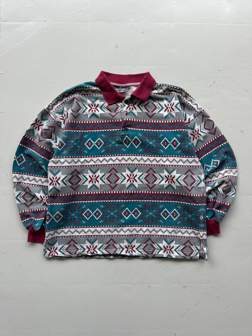 Patterned 90's Quarter Button-Up Vintage Polo Sweatshirt - Small