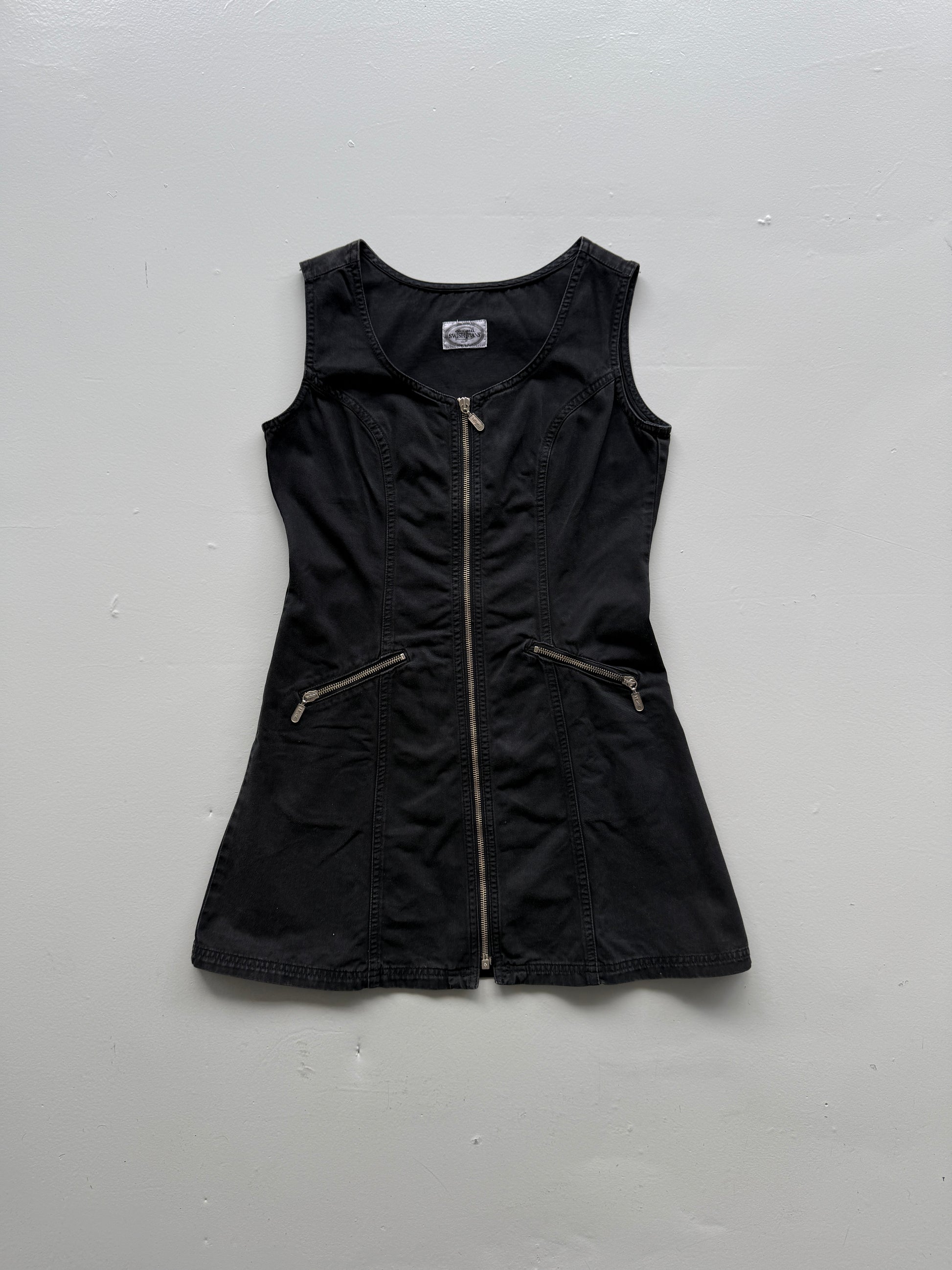 Black Swish Jeans 00's Vintage Y2K Pinafore Mini Dress - Size 8
