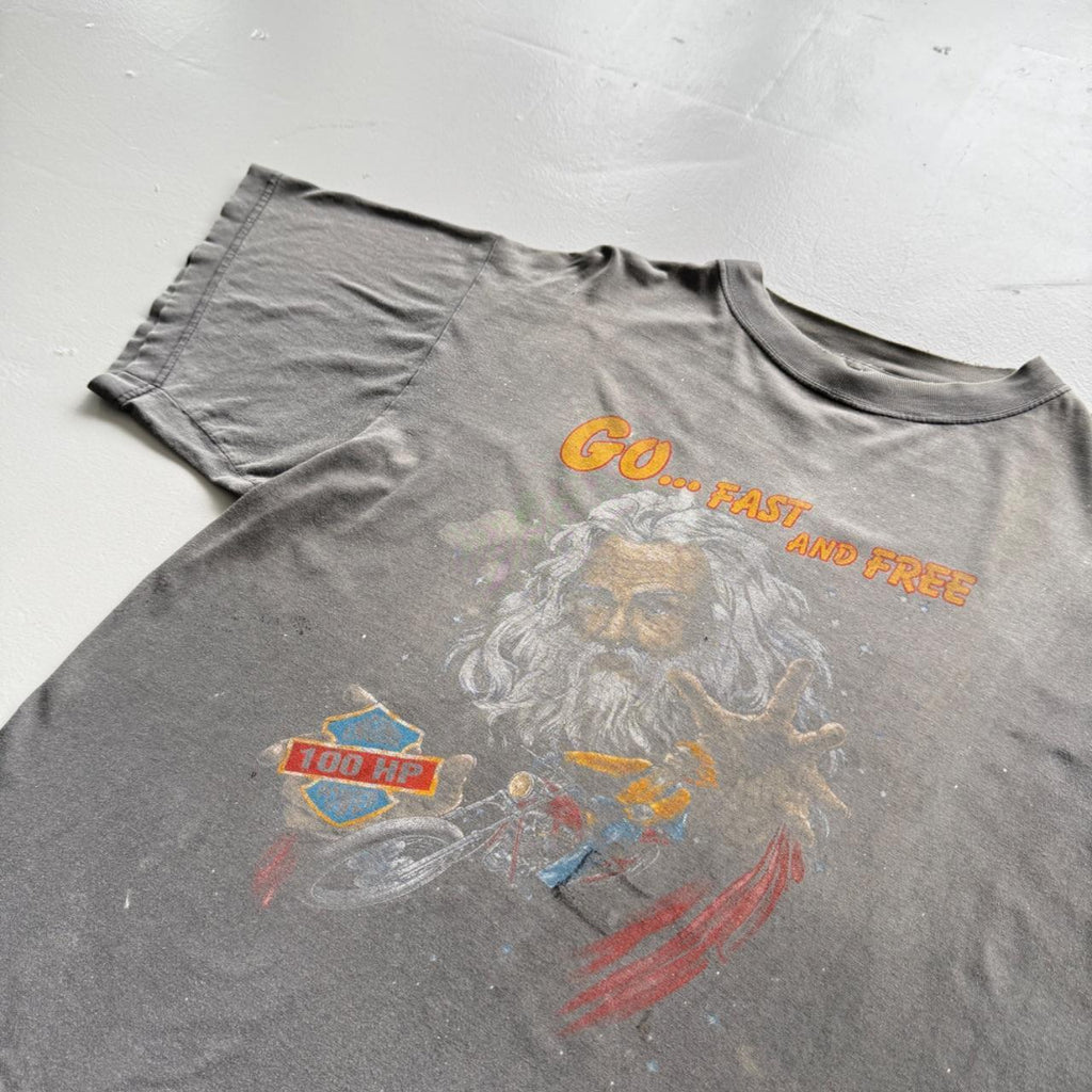 Faded Grey Biker 90s Vintage Thrashed T-Shirt - Large