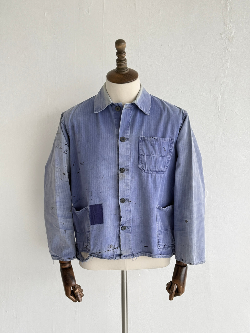 Thrashed Blue Herringbone 60's French Vintage Workwear Chore Jacket CH382 - Smal