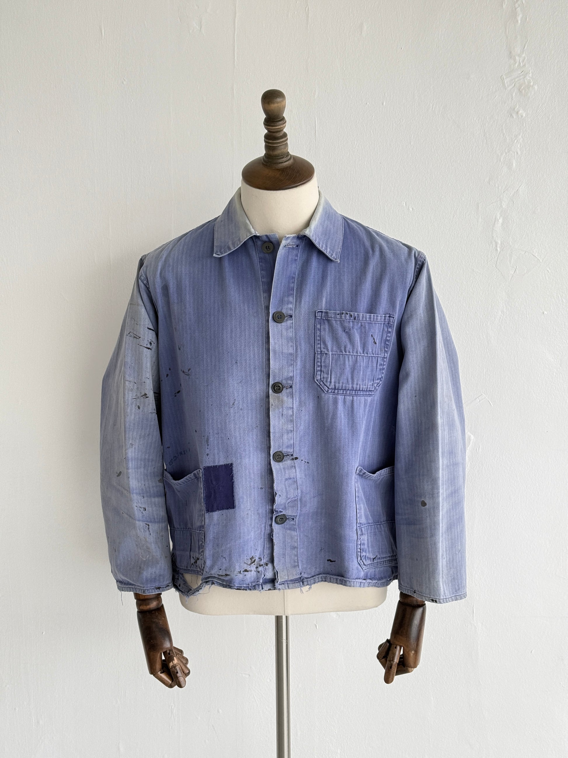 Thrashed Blue Herringbone 60's French Vintage Workwear Chore Jacket CH382 - Smal
