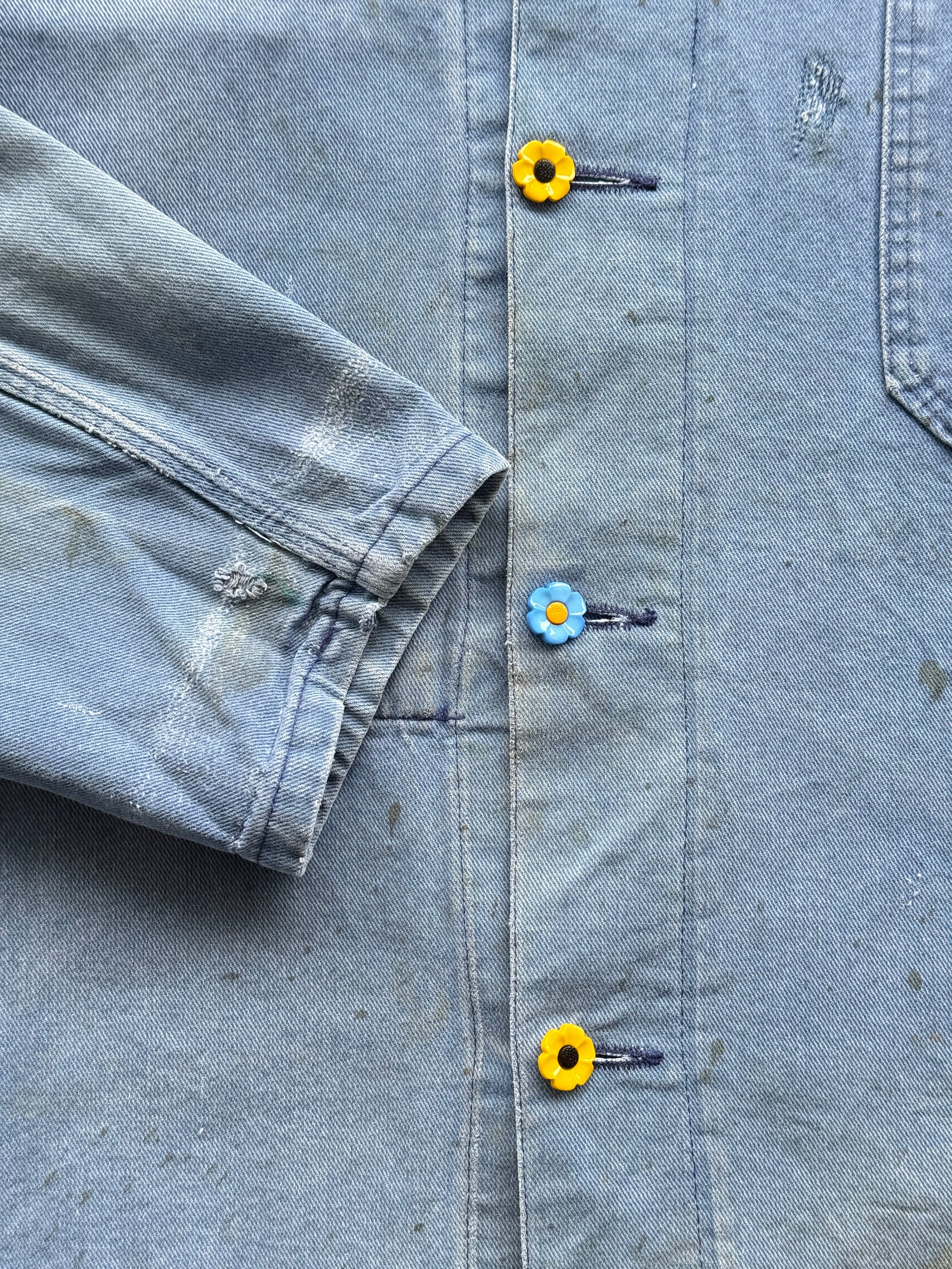 Faded Blue Thrashed French Chore Jacket 80's Vintage Workwear CH219 - Medium
