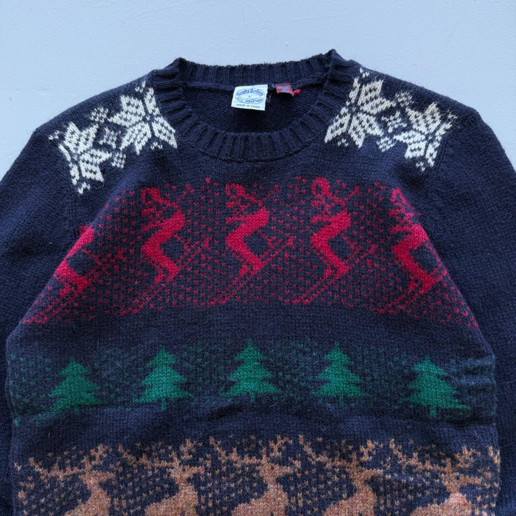 Navy Blue Brooks Brothers Woollen 90's Vintage Christmas Pattern Knit Jumper - Womens 10