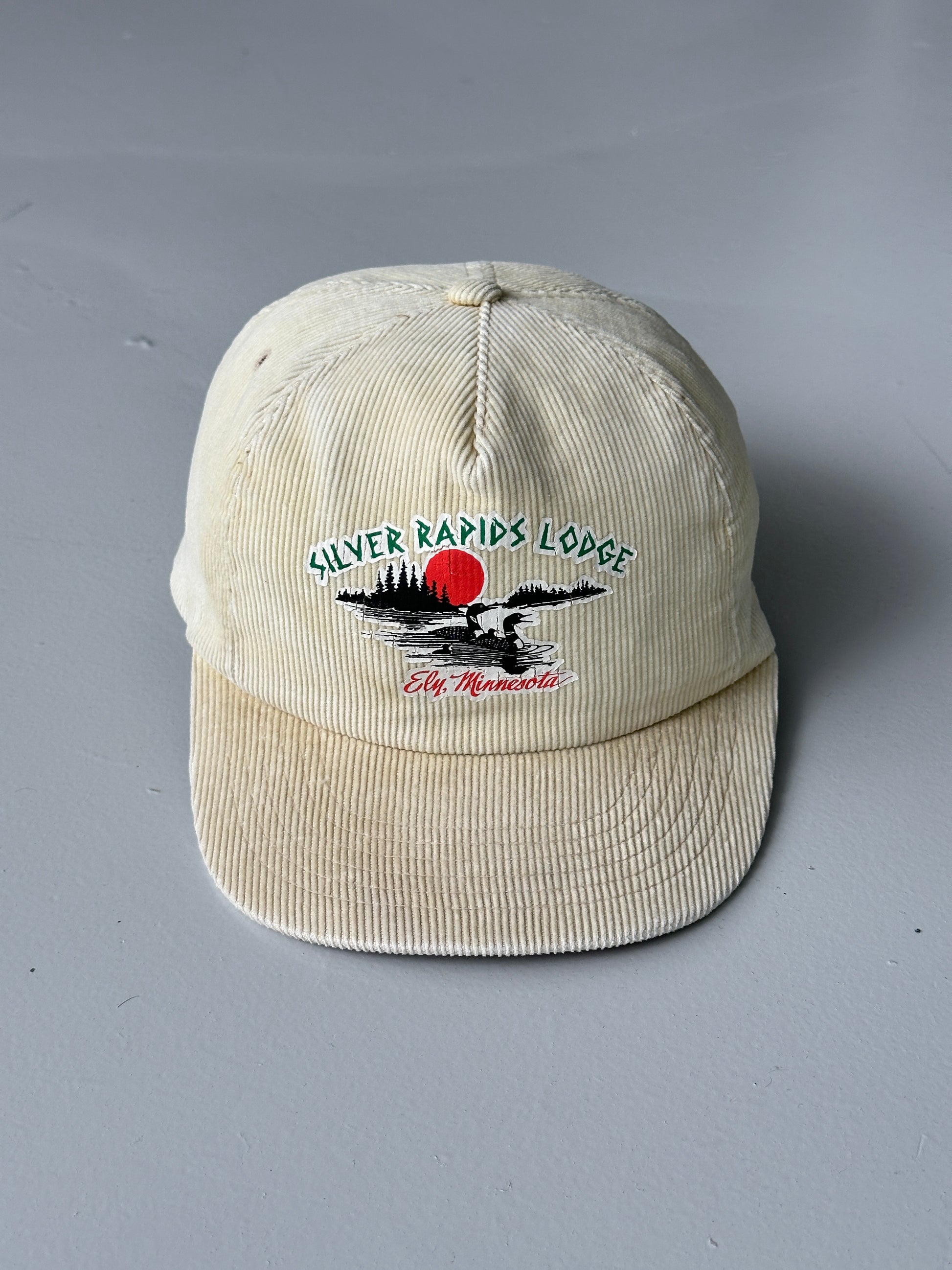 Cream Silver Rapids Lodge 90's Vintage Corduroy SnapBack Trucker Cap