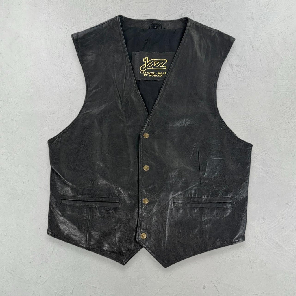 Black Leather 90s Western Waistcoat - Medium