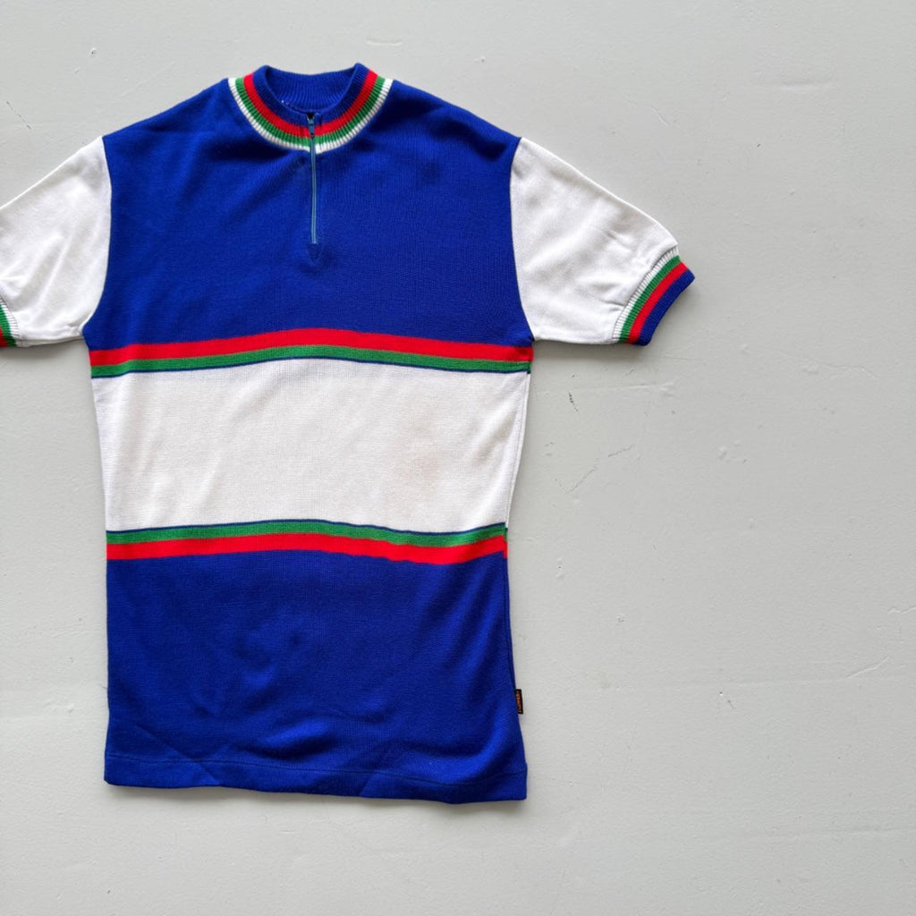 Blue Striped Flower 80's Deadstock Knit Cycling Jersey - Small