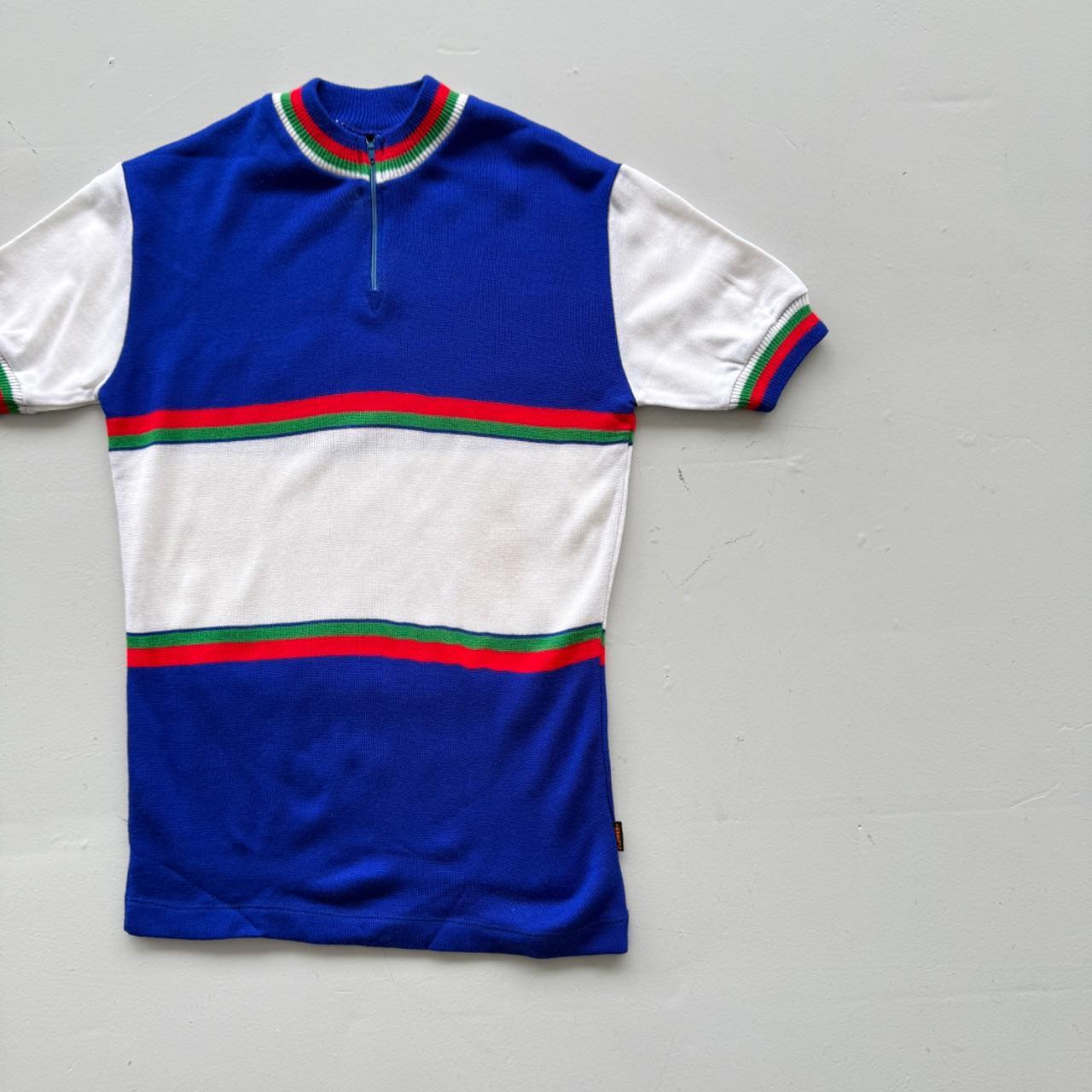 Blue Striped Flower 80's Deadstock Knit Cycling Jersey - Small