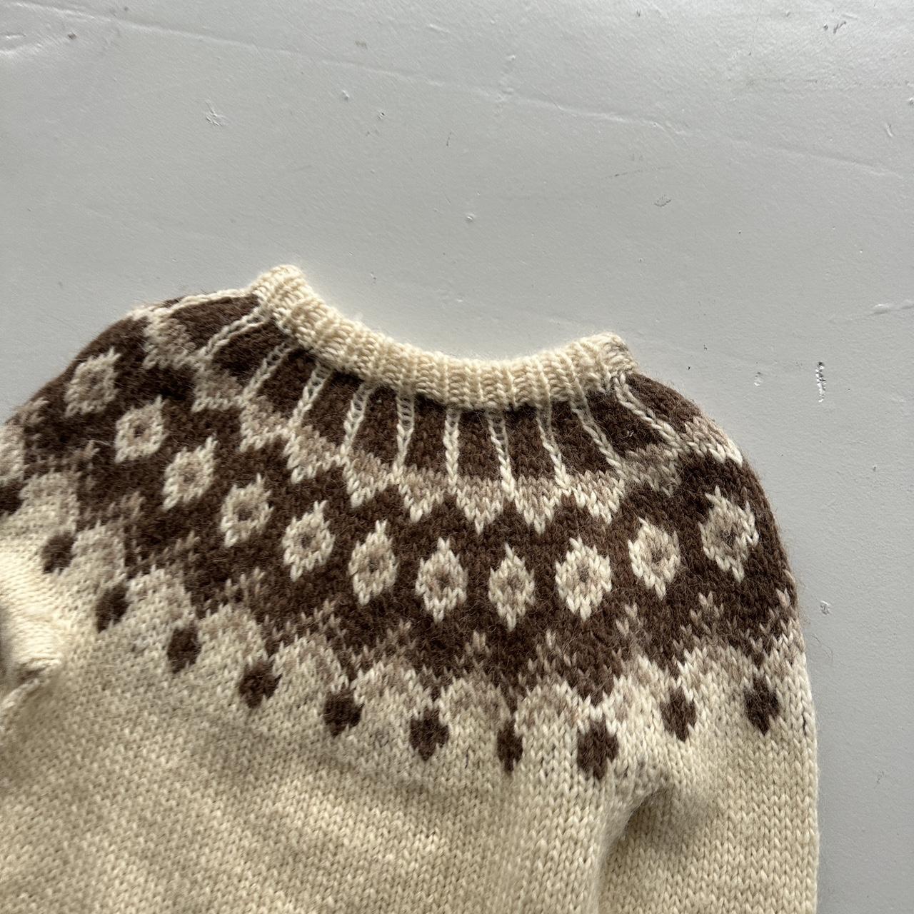 Cream Brown Patterned Hand Knit Vintage Woollen Jumper - Large 10/12