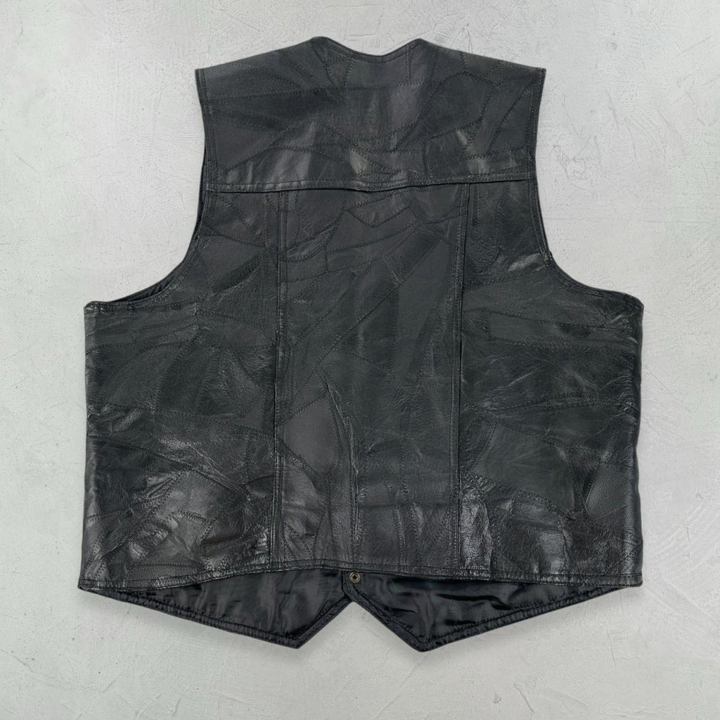 Black Leather 90s Patchwork Biker Waistcoat - Large
