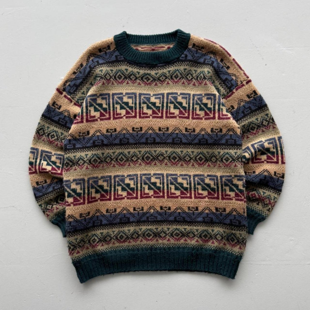 Green Aztec Woollen 90's Vintage Geometric Pattern Knit Jumper - Medium