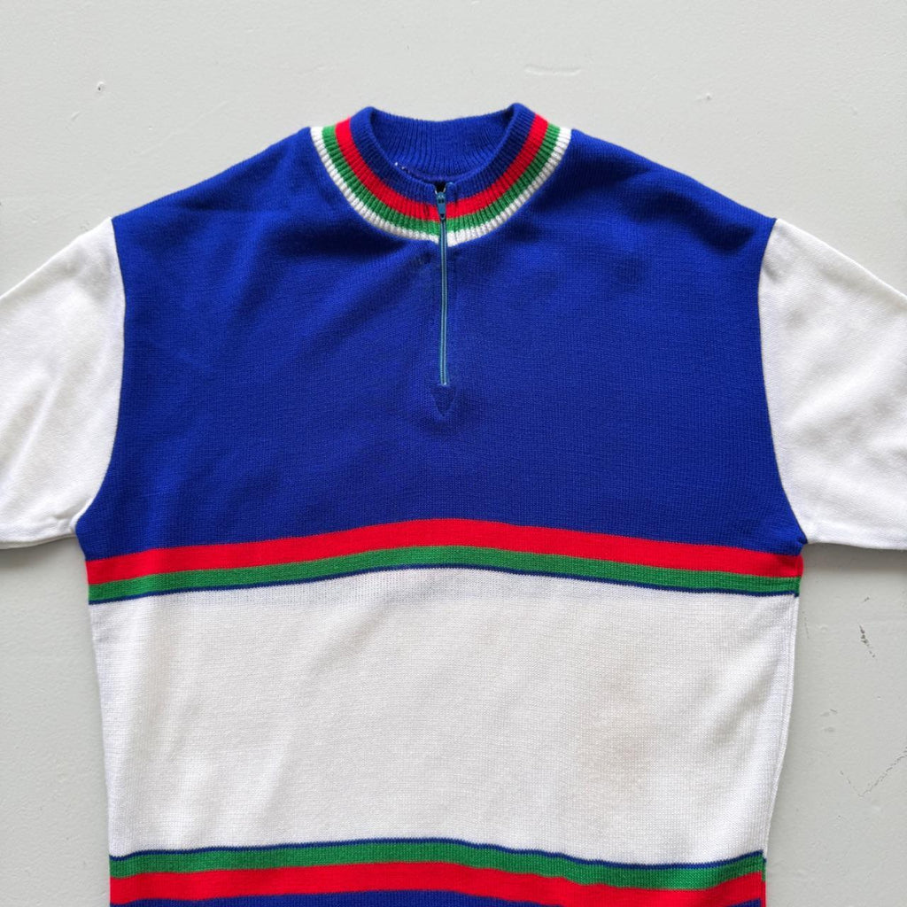 Blue Striped Flower 80's Deadstock Knit Cycling Jersey - Small