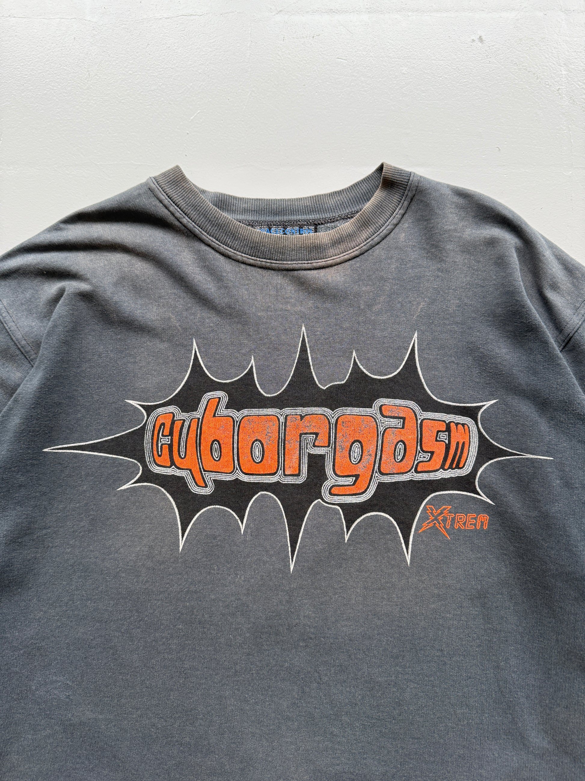 Faded Grey Cybergasm 90's Vintage Sci-Fi Rave Graphic Sweatshirt Jumper - XL