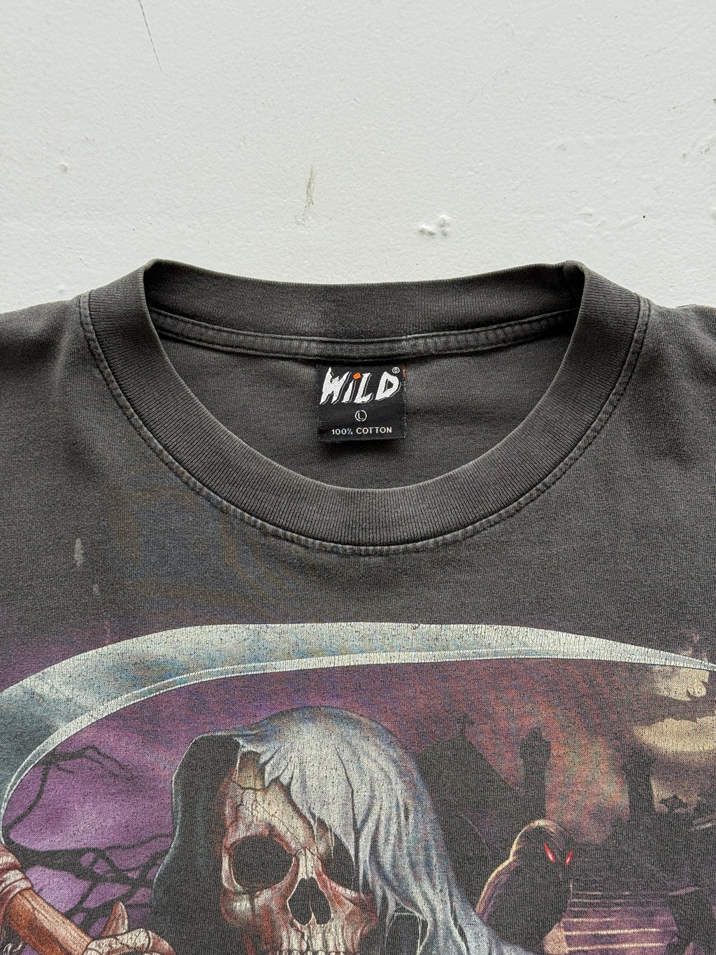 Grey Sun Faded Grim Reaper 90's Vintage Gothic Single Stitch T-Shirt- Boxy Large