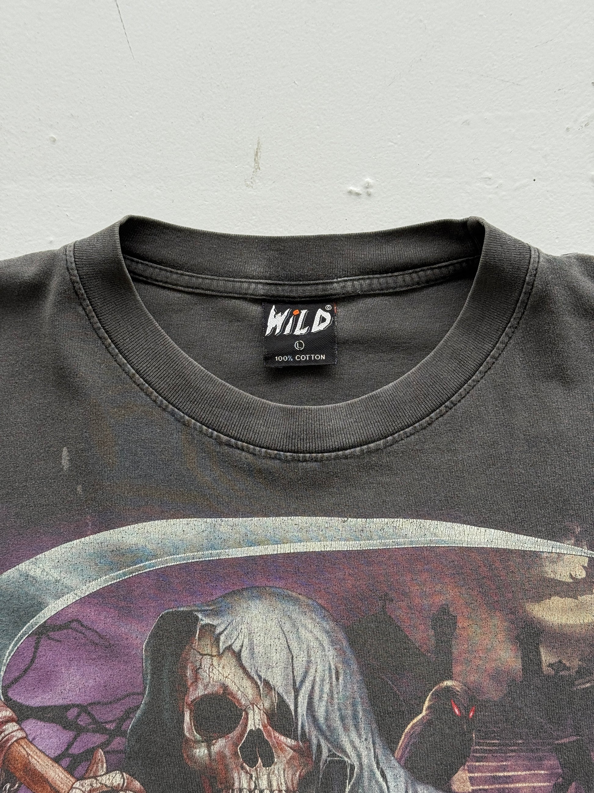 Grey Sun Faded Grim Reaper 90's Vintage Gothic Single Stitch T-Shirt- Boxy Large