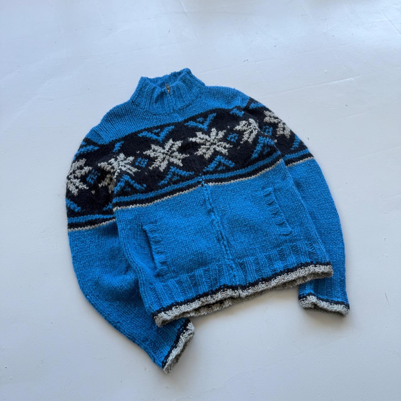 Blue Full Zip 80s Chunky Knit Cardigan - Medium