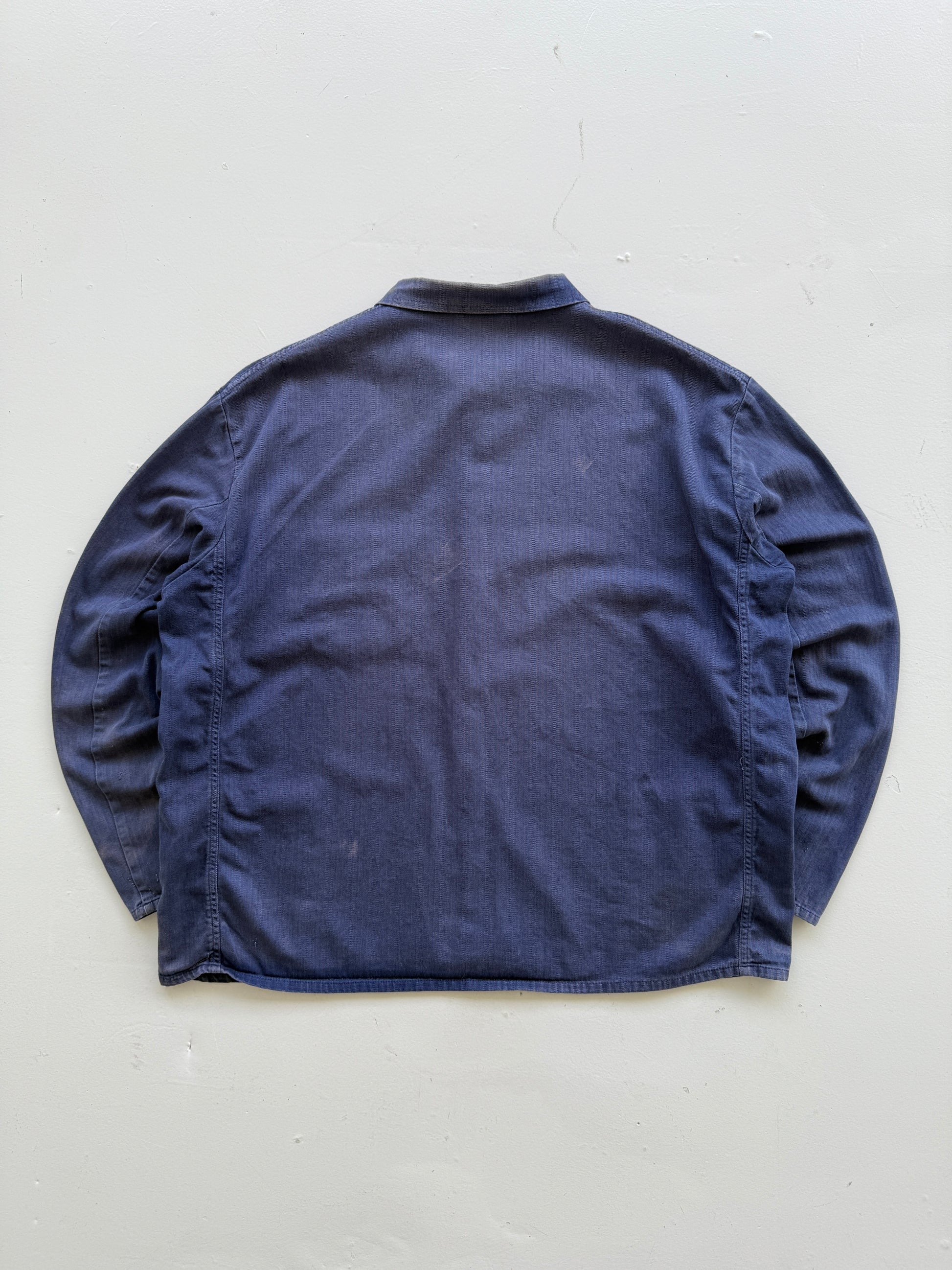Thrashed Blue Herringbone French Vintage Workwear Chore Jacket CH363 - Large