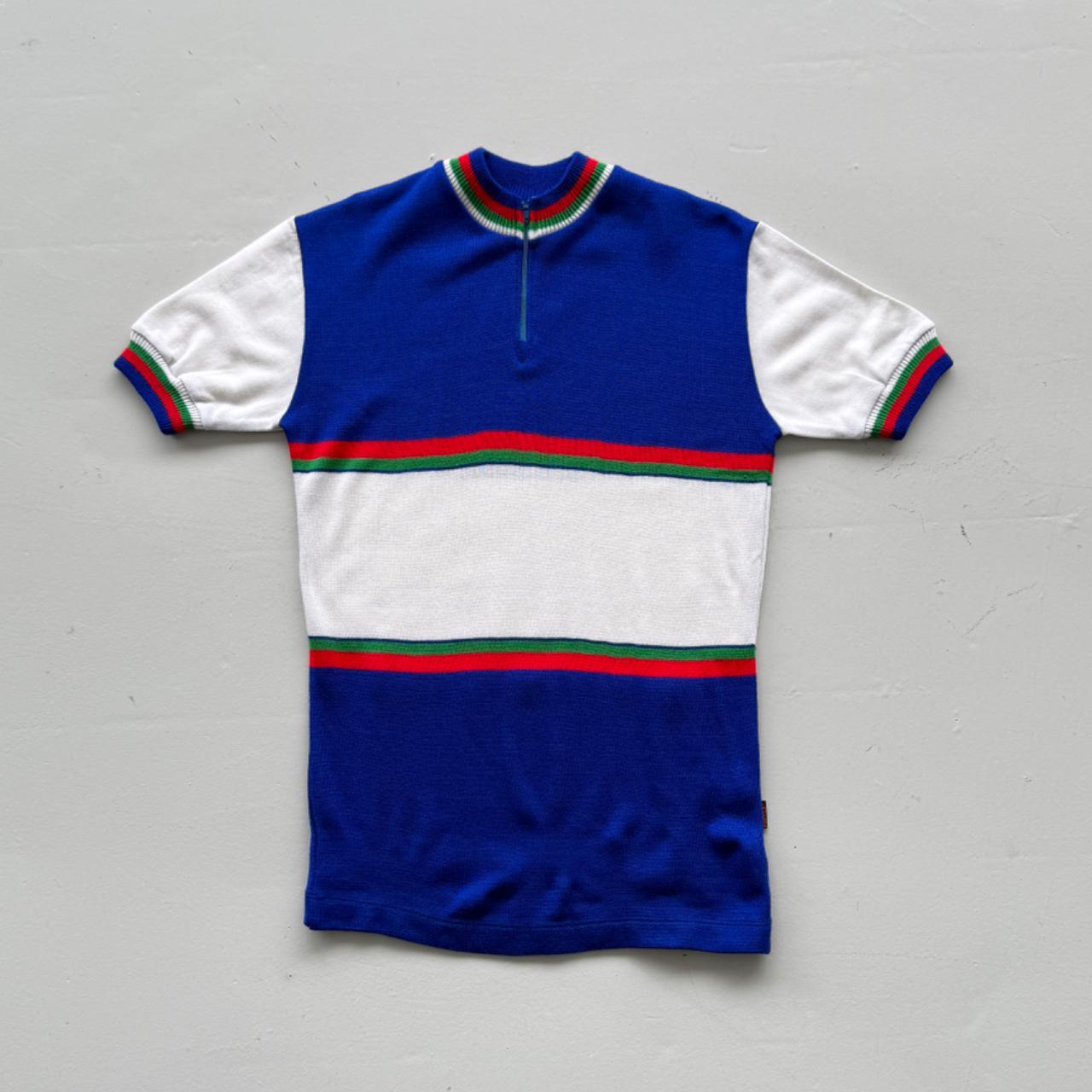 Blue Striped Flower 80's Deadstock Knit Cycling Jersey - Small
