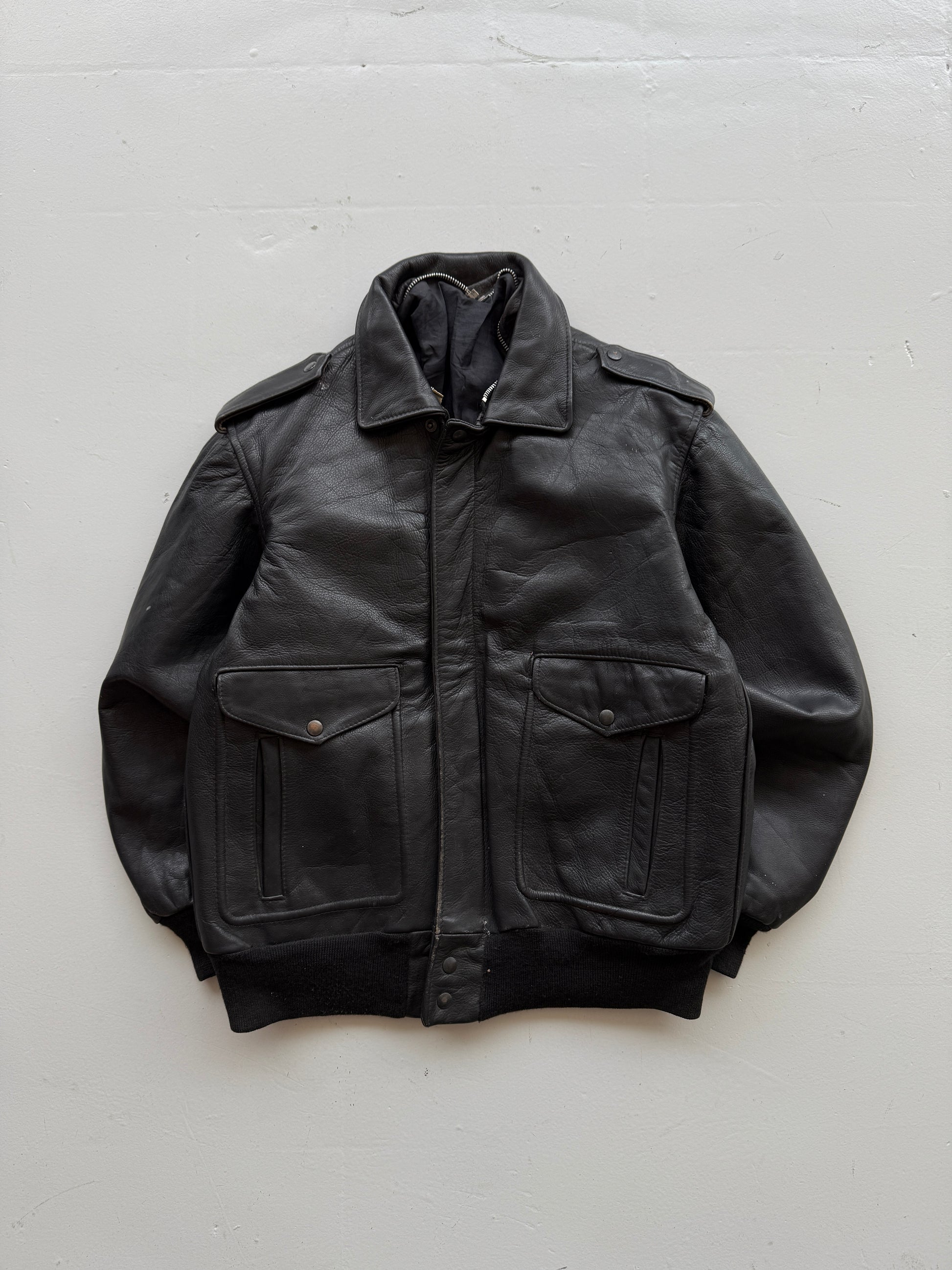 Black A2 Leather Vintage Aviation Bomber Jacket 003 - Medium