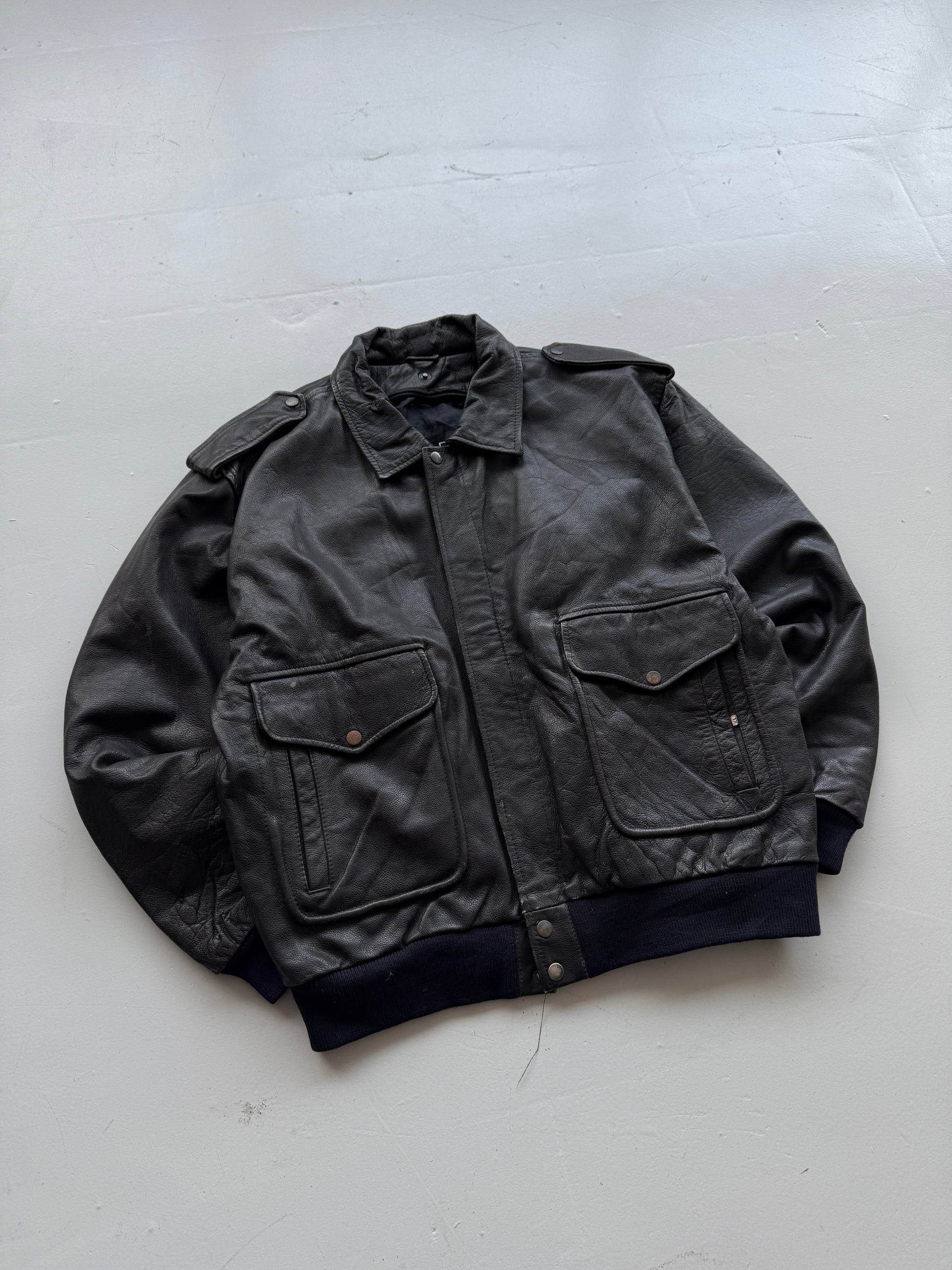 Black A2 Leather Vintage Aviation 90s Bomber Jacket - XL