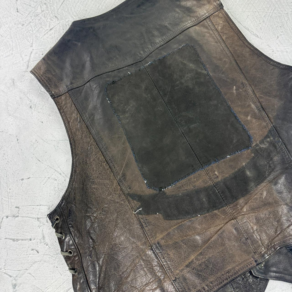Black Leather 90s Vintage Biker Waistcoat - Medium