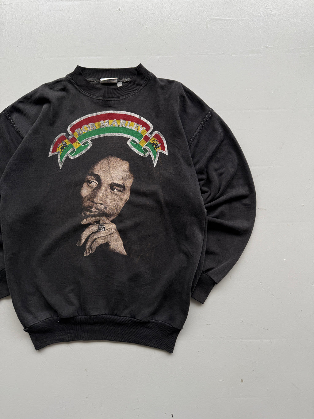 Faded Black Bob Marley 90's Vintage Thrashed  Graphic Sweatshirt- Medium