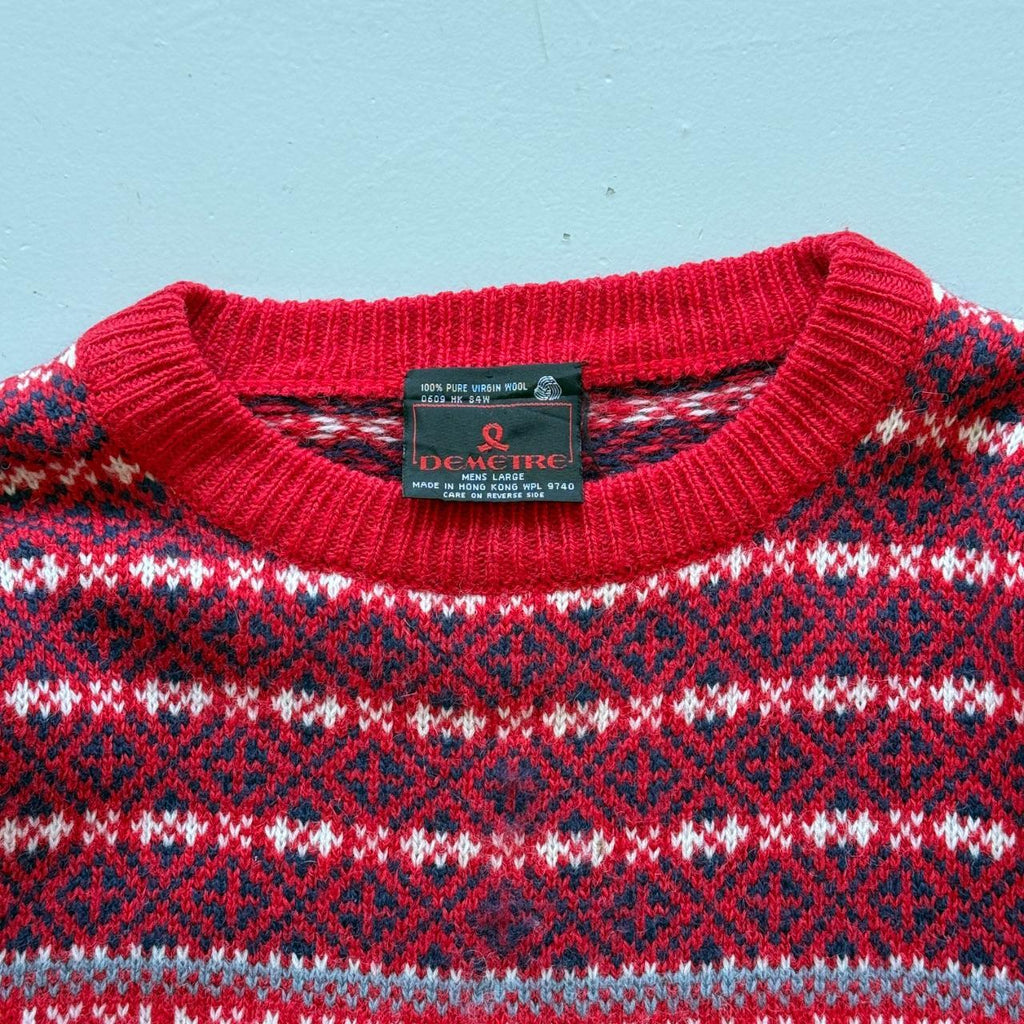 Red Raindeer Woollen 90's Vintage Christmas Pattern Wool Knit Jumper - Large