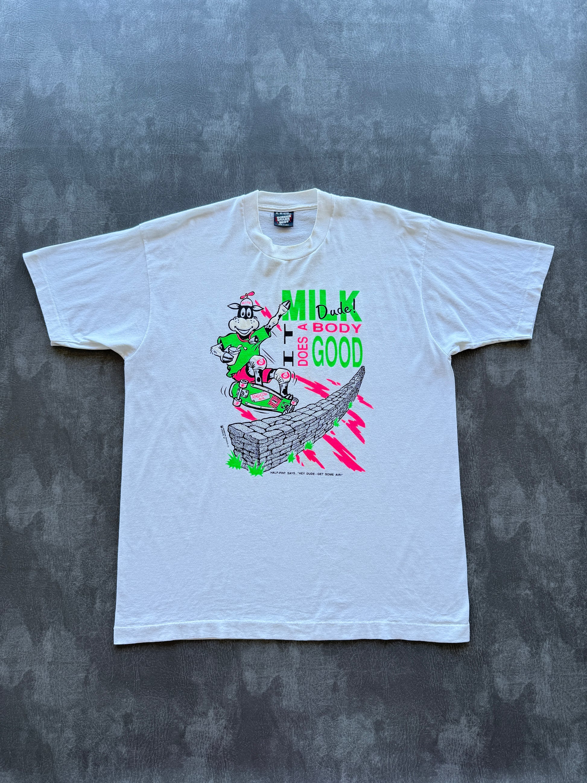 White Half-Pint Milk Skate 90's Vintage Single Stitch Graphic T-Shirt - Large