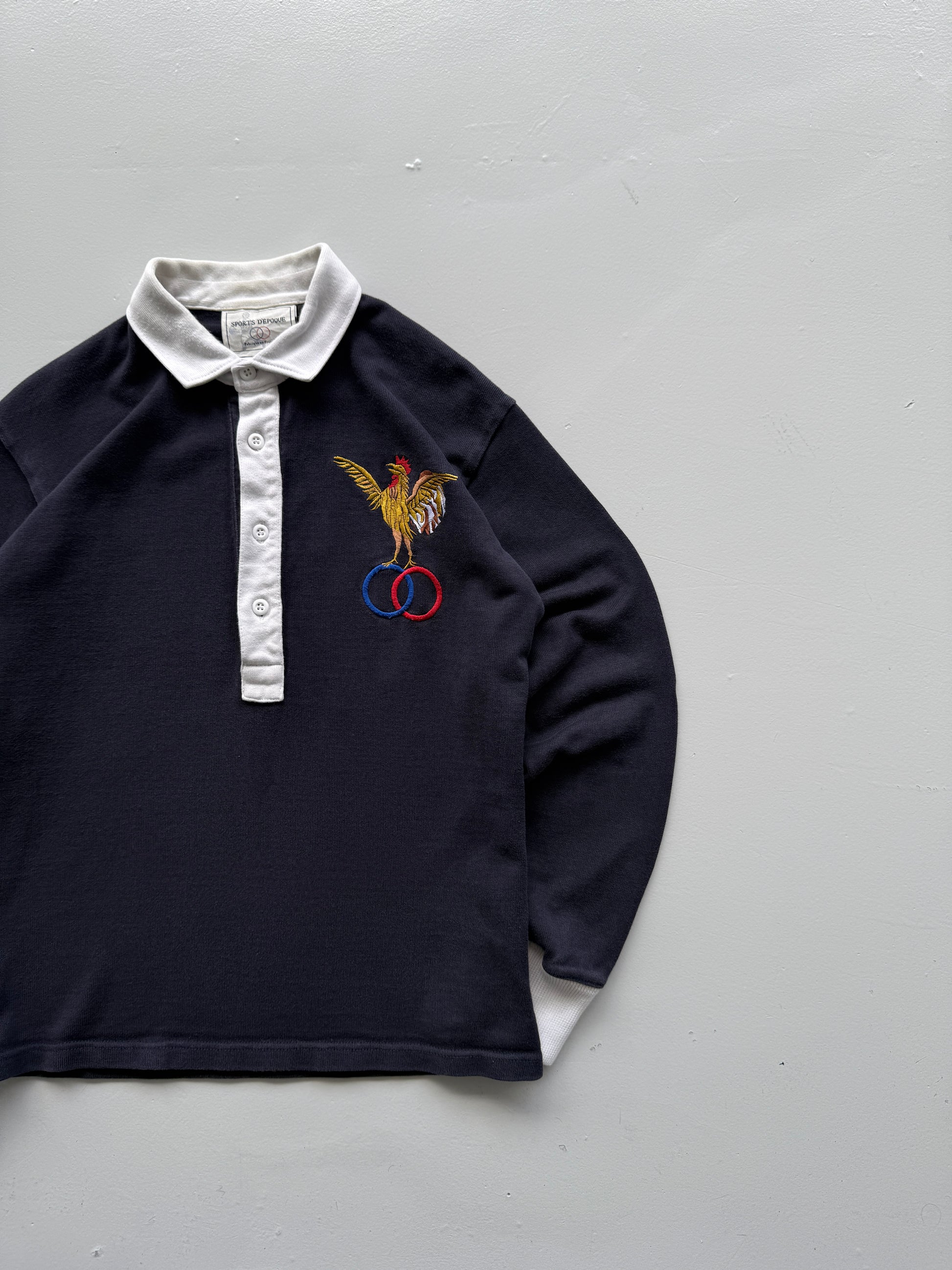 Navy Blue French Rugby 90's Vintage Long Sleeve Jersey Polo - Medium