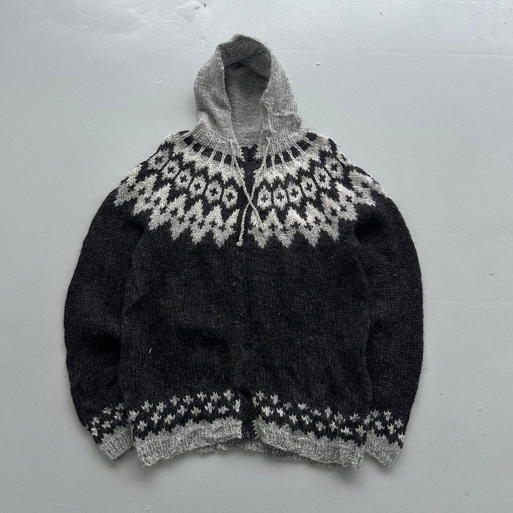 Charcoal Grey Hand Made 80s Vintage Woollen Knit Full-Zip Jumper / Hoodie - Large