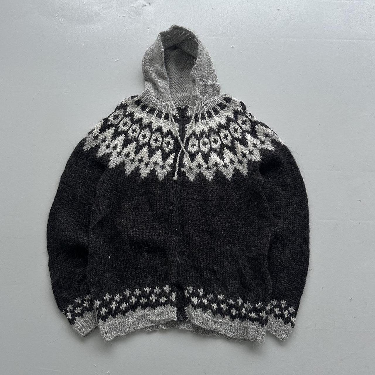 Charcoal Grey Hand Made 80s Vintage Woollen Knit Full-Zip Jumper / Hoodie - Large