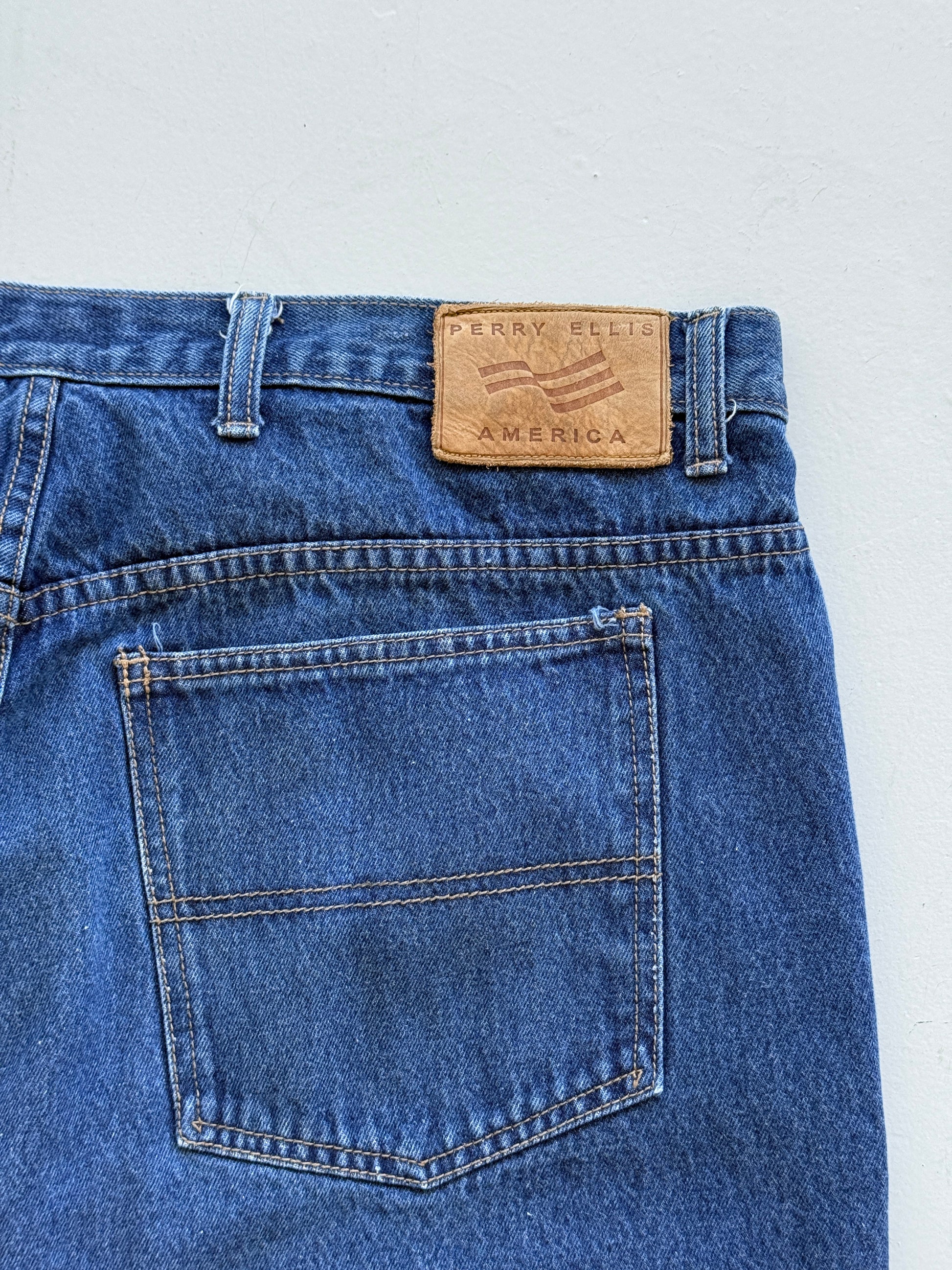 Mid Blue Perry Ellis 00's Vintage Baggy Hip Hop Denim Shorts - W40 x L11.5