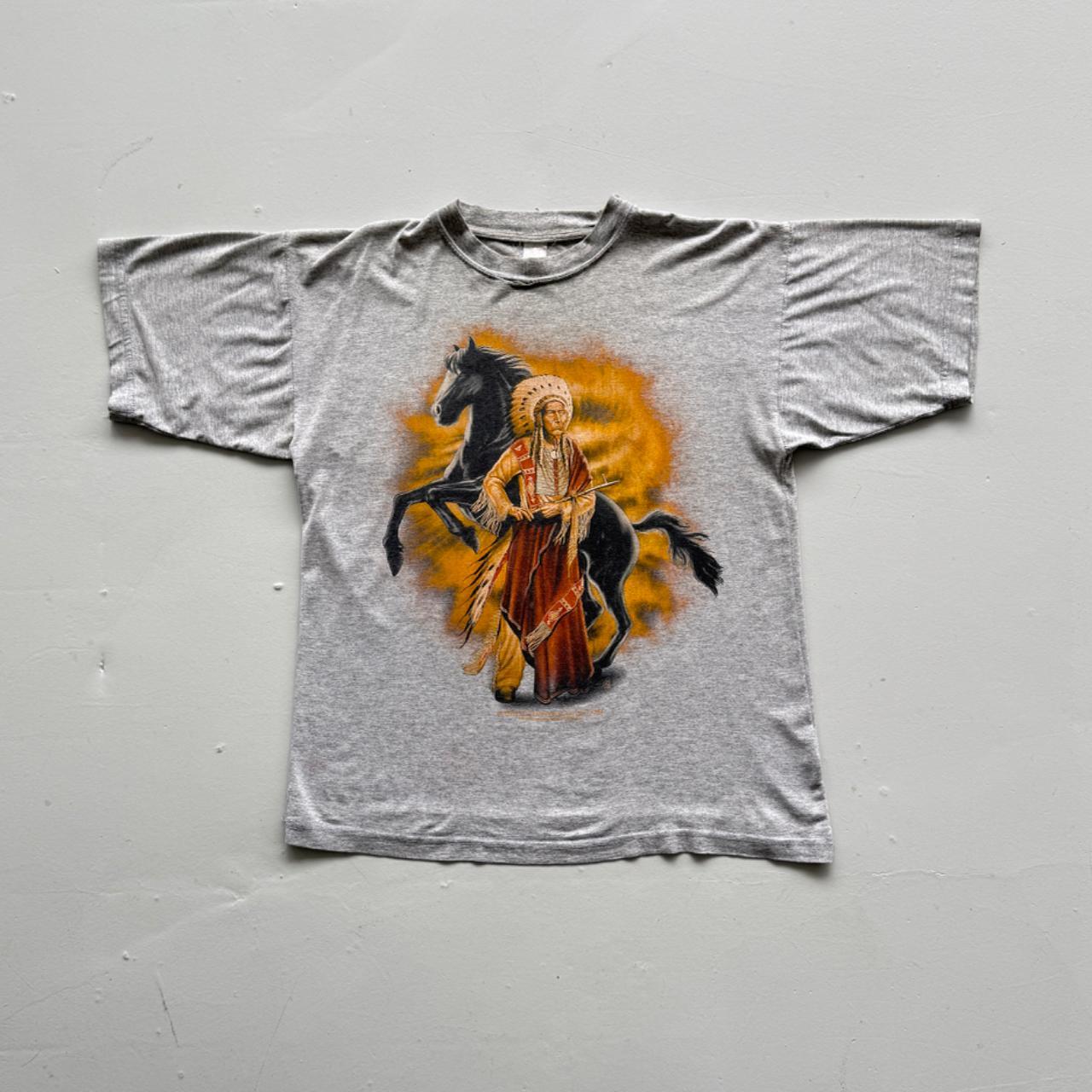 Grey Native American 90s Vintage Graphic T-Shirt - Medium