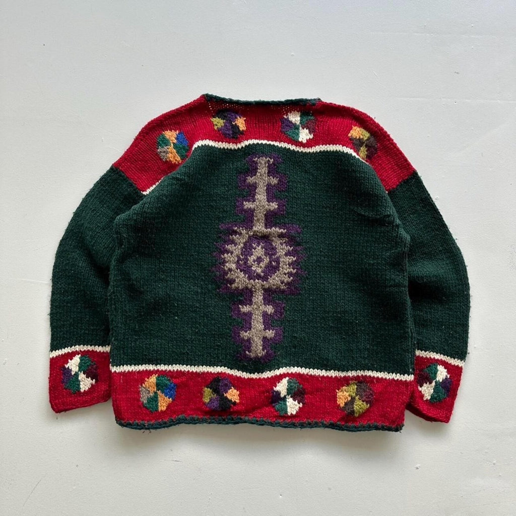 Multicoloured 80s Vintage Quichua Village Woollen Ecuadorian Cardigan - Large