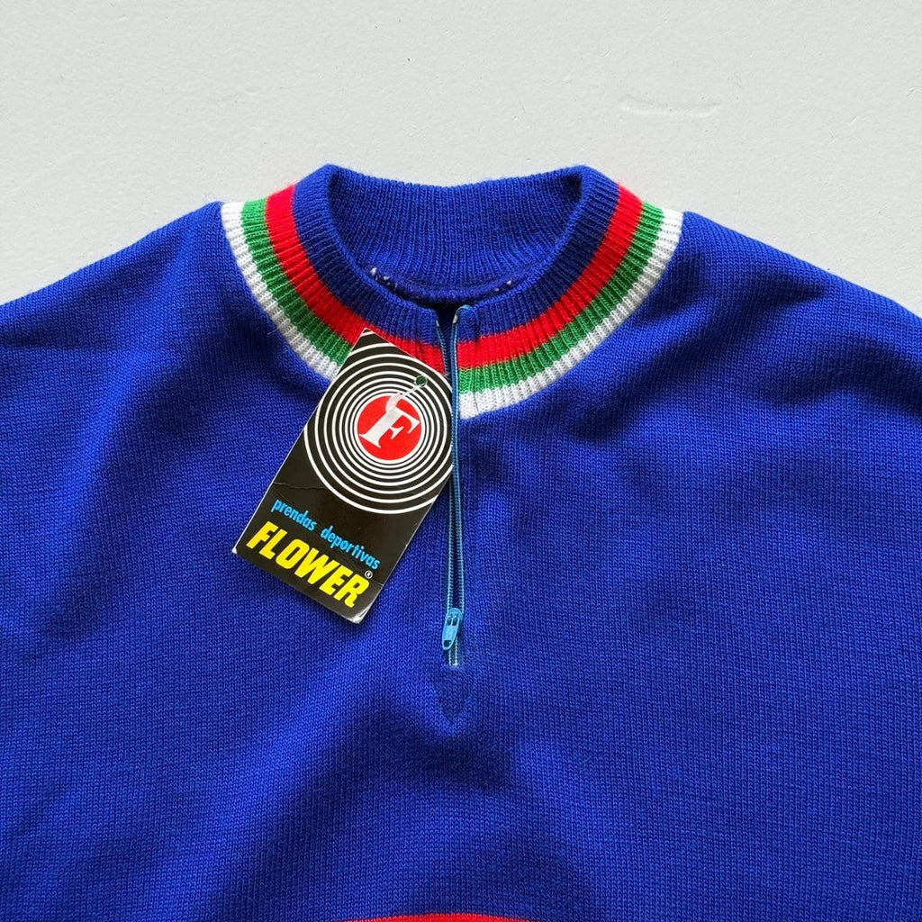 Blue Striped Flower 80's Deadstock Knit Cycling Jersey - Small