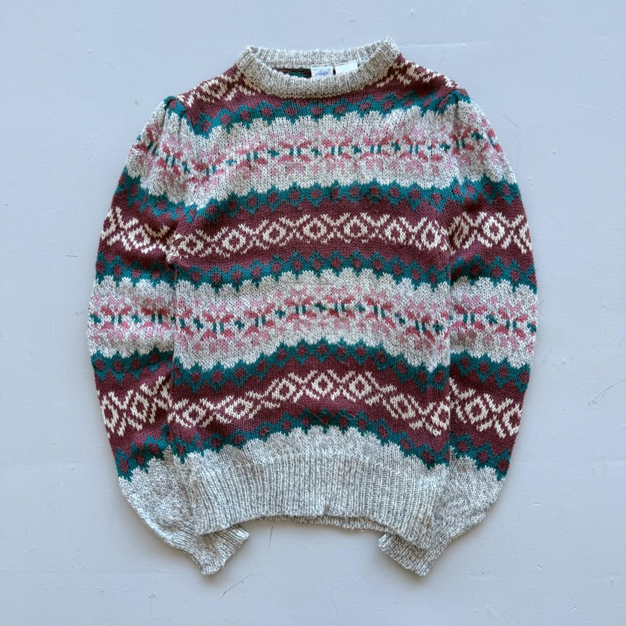 Green Cream Striped Woollen 90's Vintage Christmas Pattern Knit Jumper - Size 12