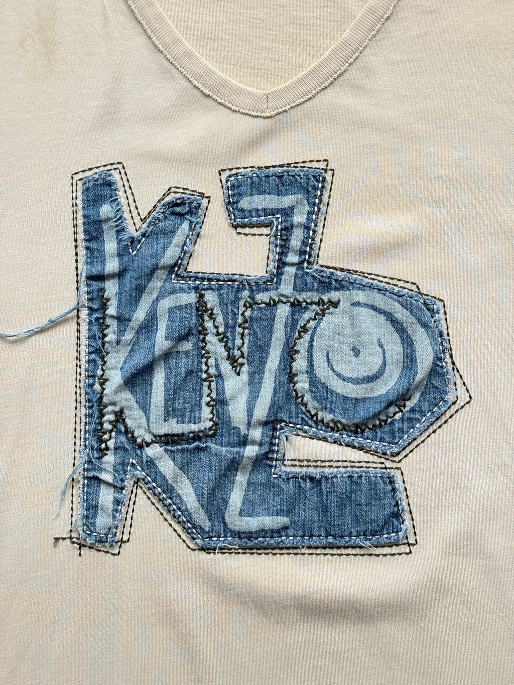 Beige Kenzo Y2K Denim Embroidered V-Neck T-Shirt 00's Vintage