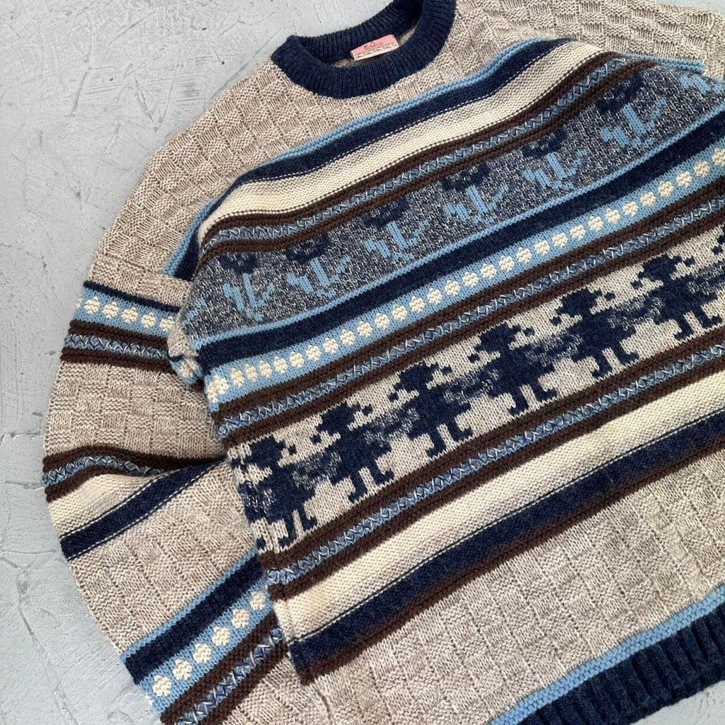 Cream / Navy 90's Woollen Knitted Sweatshirt - Small