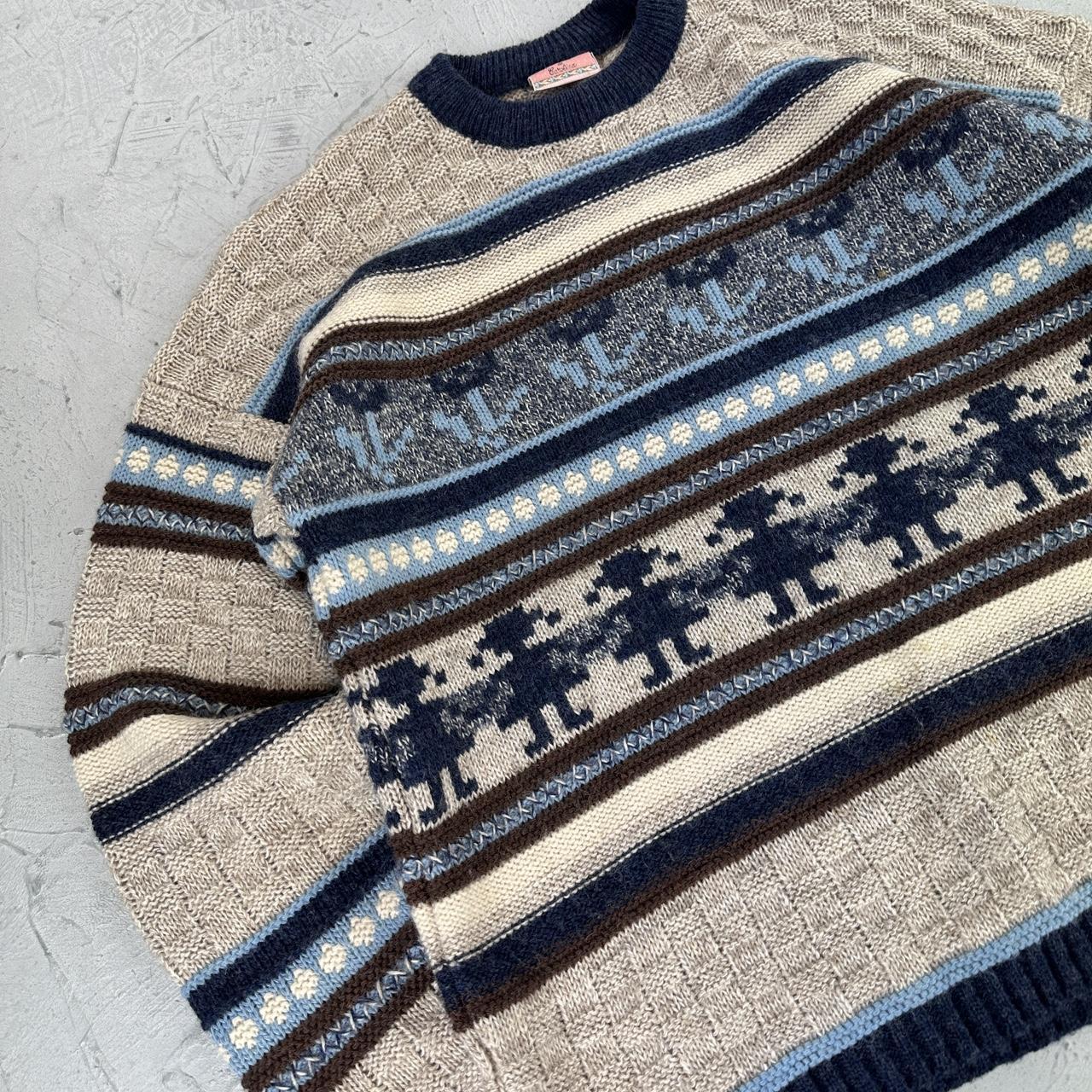 Cream / Navy 90's Woollen Knitted Sweatshirt - Small