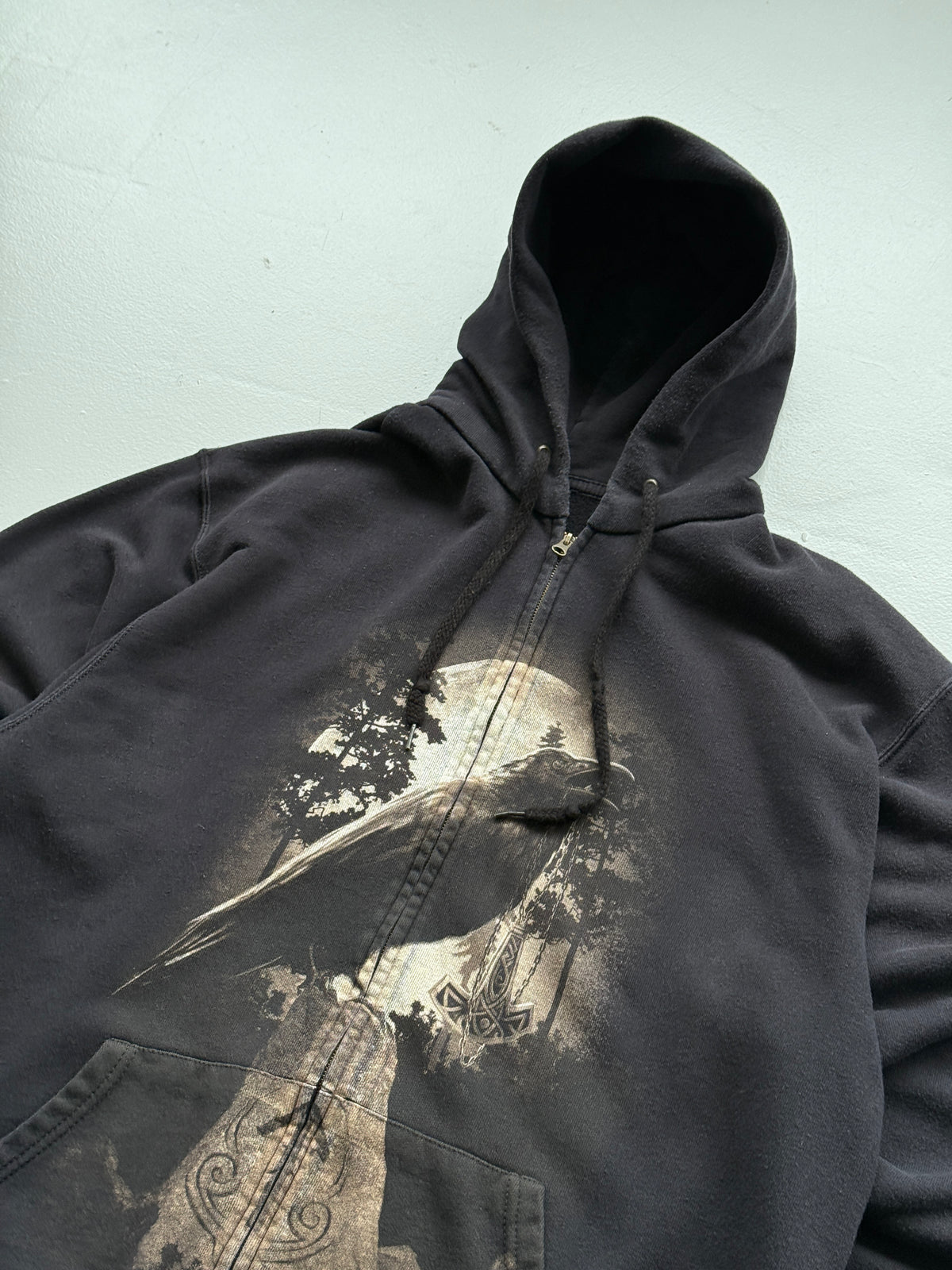 Black Gothic Raven Y2K Vintage Zip-Up Graphic Hoodie - XL