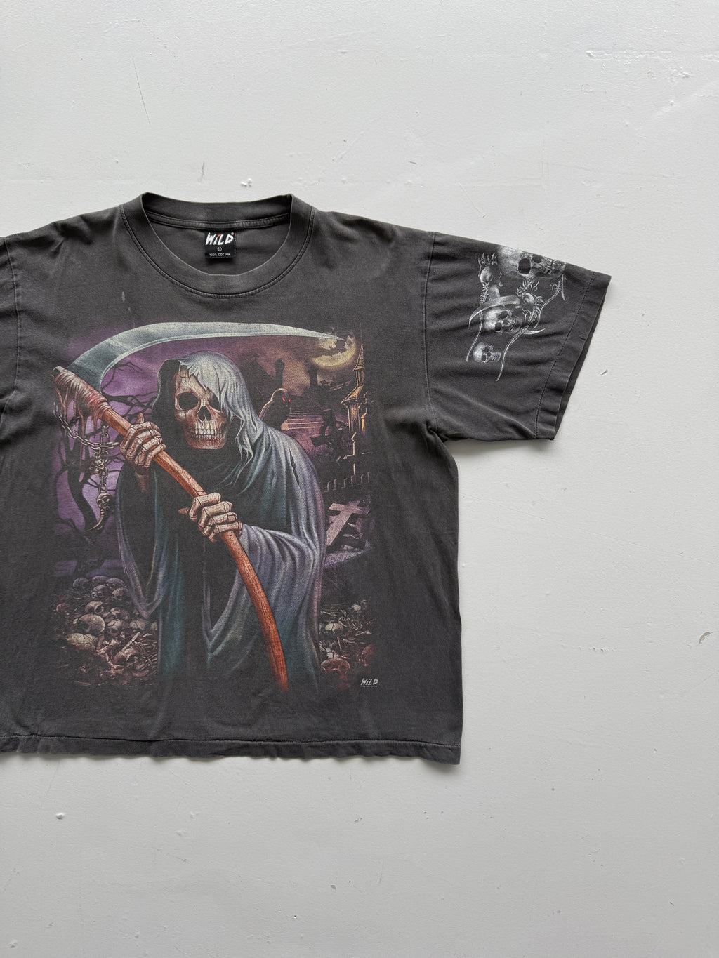 Grey Sun Faded Grim Reaper 90's Vintage Gothic Single Stitch T-Shirt- Boxy Large