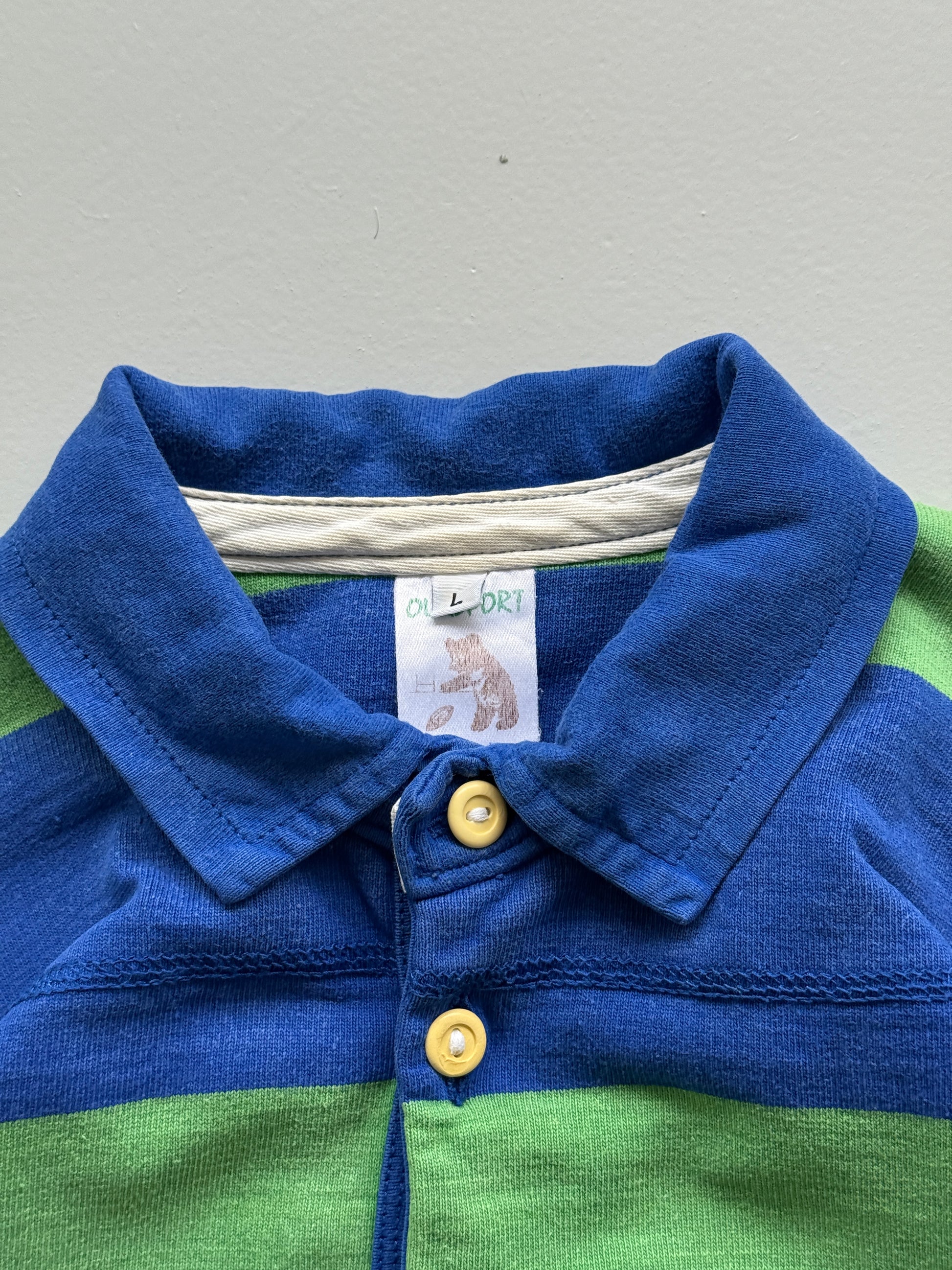 Green Striped French Rugby 90's Vintage Long Sleeve Polo Jersey - Large